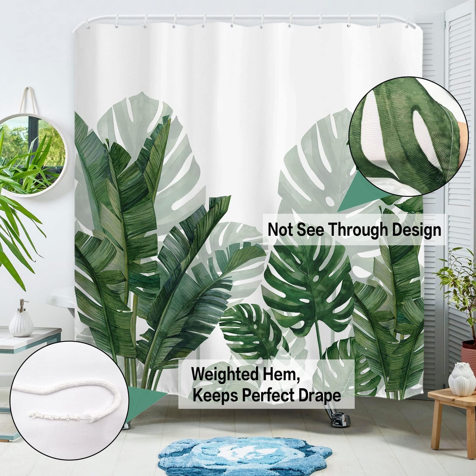 Baccessor Tropical Green Plant Shower Curtain Waterproof Washable Fabric Summer Bathroom Decor Botanical Banana Monstera Leaf Pa