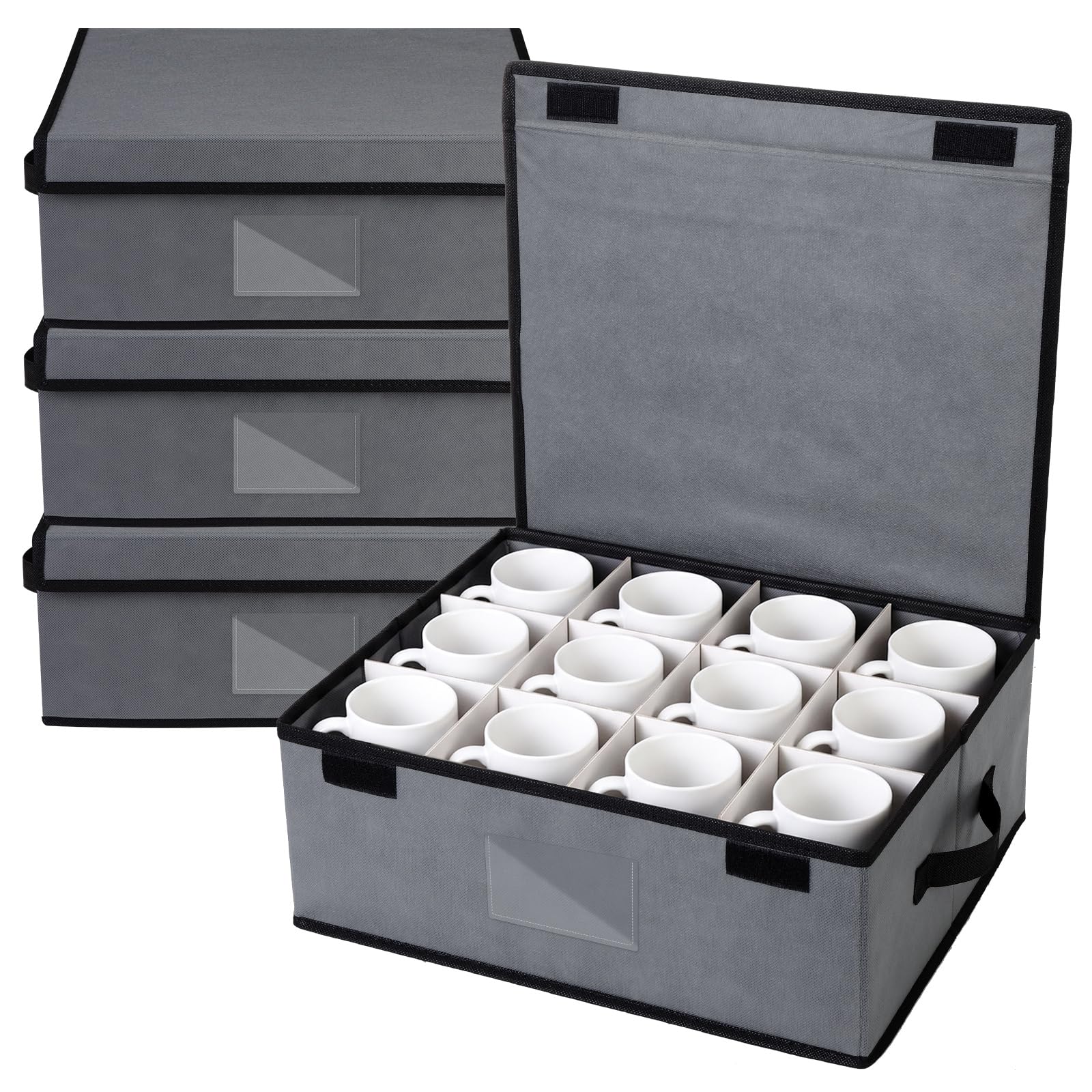 Suzile 4 Pack Cup and Mug Storage Box with Dividers Lid Handles Holds 48 Coffee Coffee Mugs Tea Cups and Glasses Grey Stackable 
