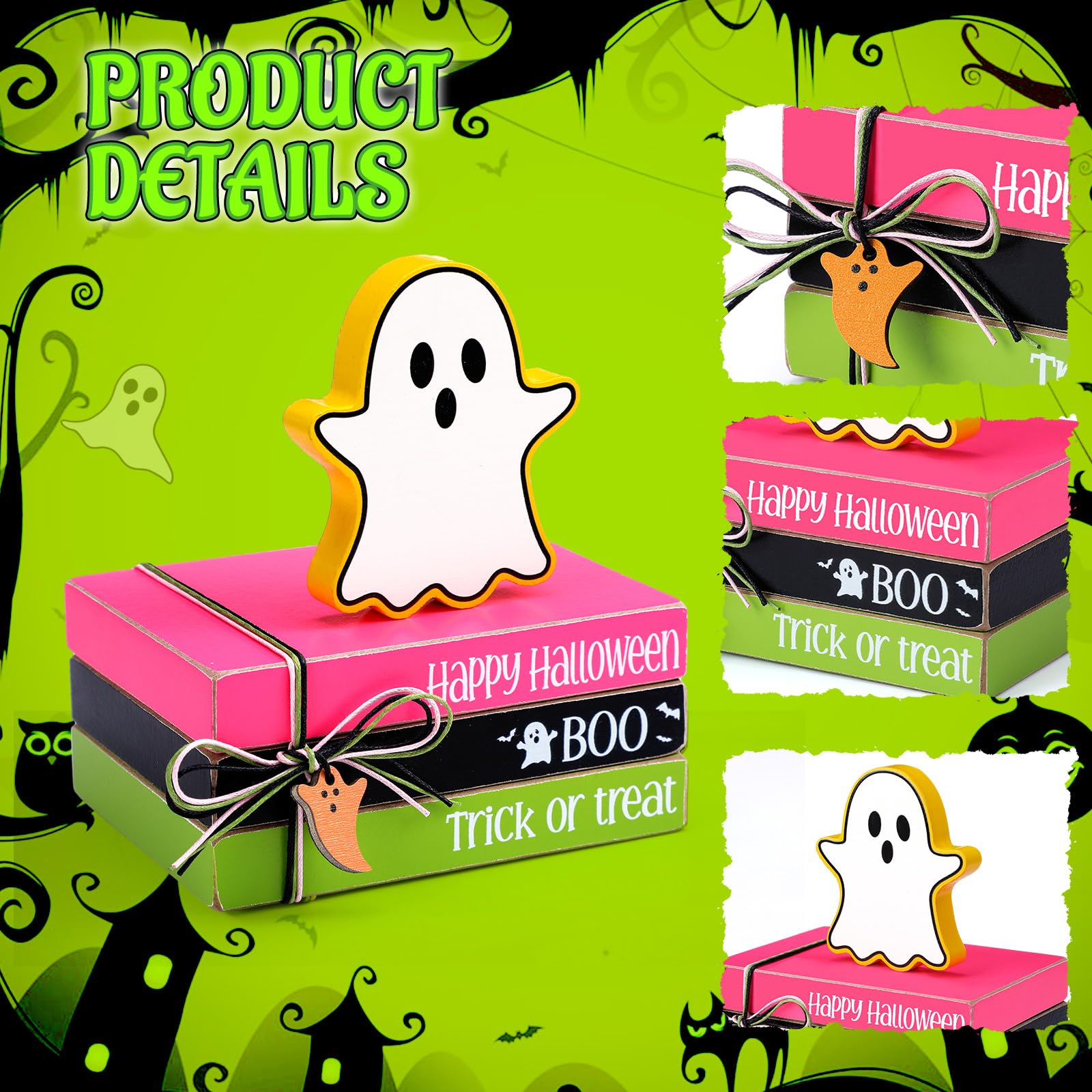 Yookeer 4 Pieces Halloween Ghost Decor Wooden Ghost Tiered Tray Decor Wood Book Stack Halloween Neon Sign Table Sign for Home Ro
