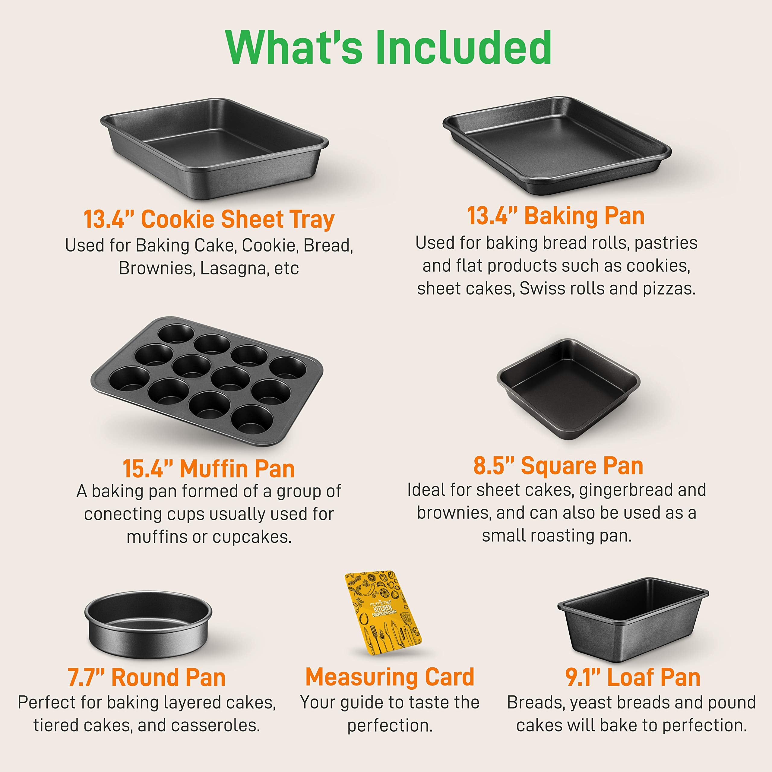 NutriChef 6-Piece Non-Stick Carbon Steel Bakeware Set - Black, Oven & Dishwasher Safe, Includes Cookie Sheet, Muffin & Loaf Pan