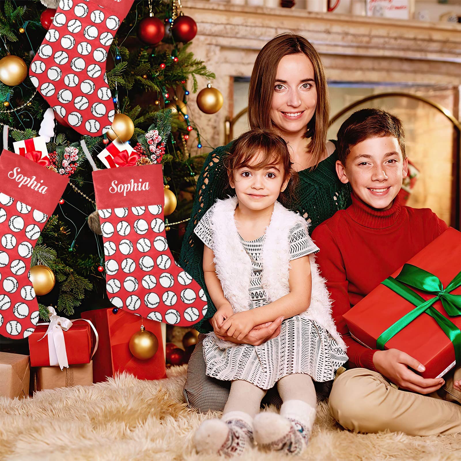 SunFancyCustom Sports Baseballs on Red Christmas Stockings Personalized Holiday Xmas Party Gift Bag Socks Home Decor 17.52 x 7.8