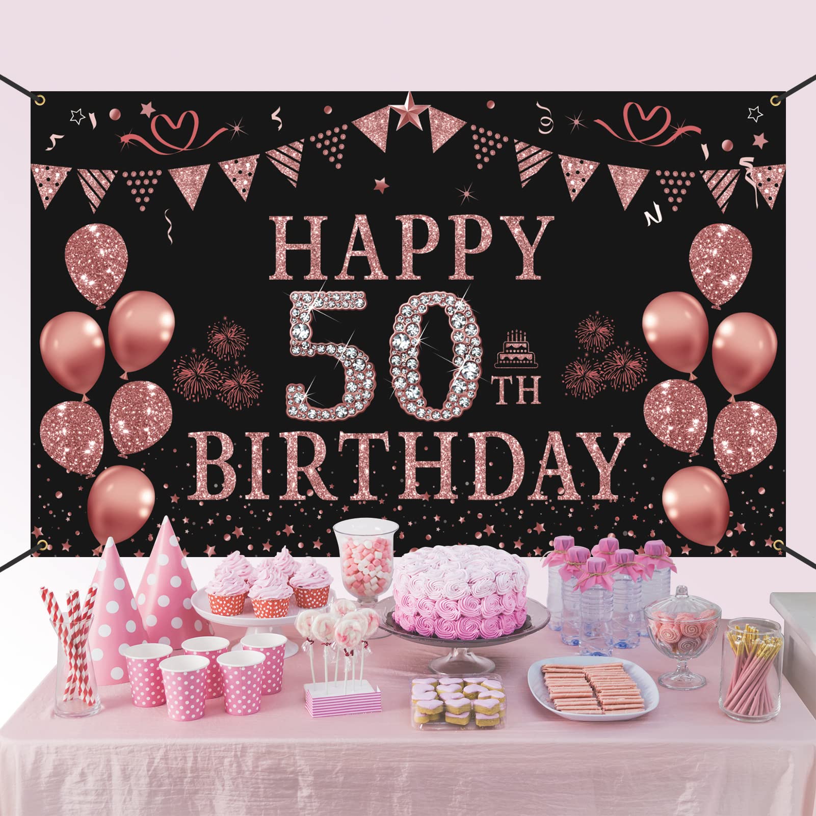 Trgowaul 50Th Birthday Decorations For Women - Rose Gold 50Th Birthday Banner Backdrop 50Th Birthday Party Suppiles Photography