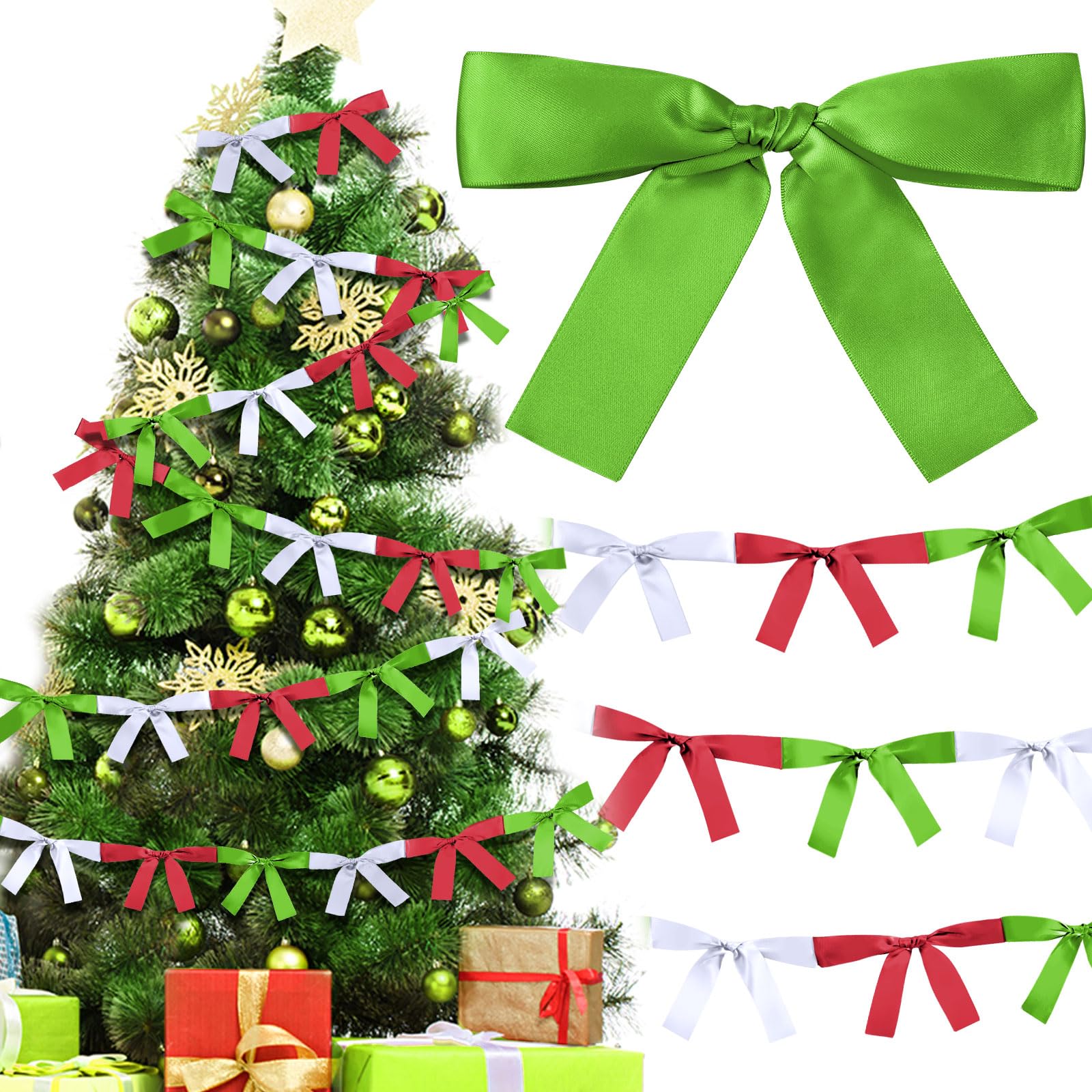 Trandraft 2 Pcs Christmas Bow Garland Banner 16.4 ft Pre-Assembled Red Green White Satin Bows Ornaments Xmas Bows Hanging Decor 