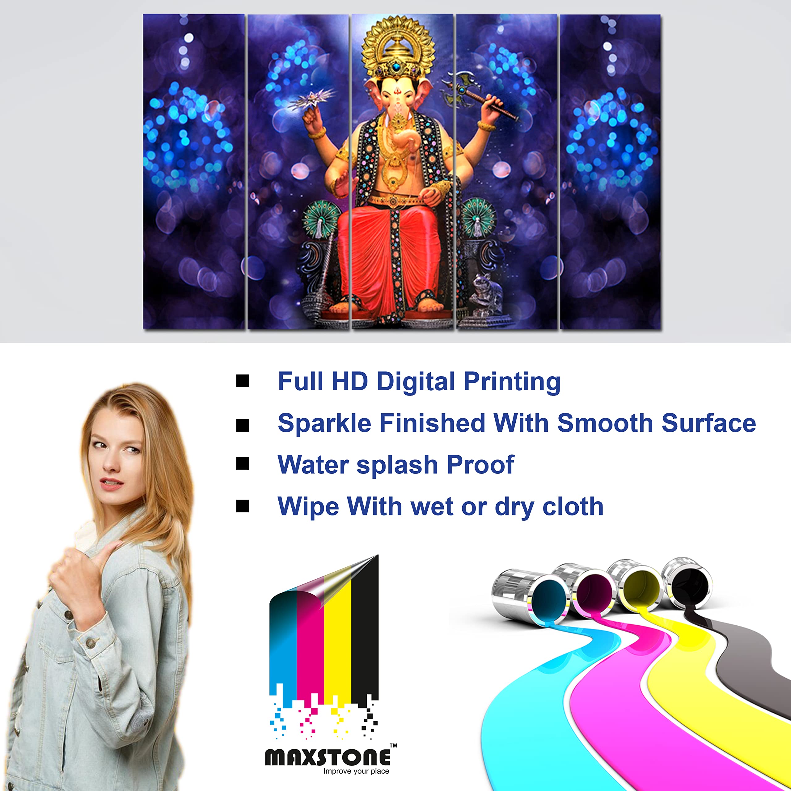 Maxstone Ganesh ji Multiple Frame Wall Painting (50 x 30 Inch, Vynl) For living Room, Bedroom, Drawing Room, Home, Office Decor