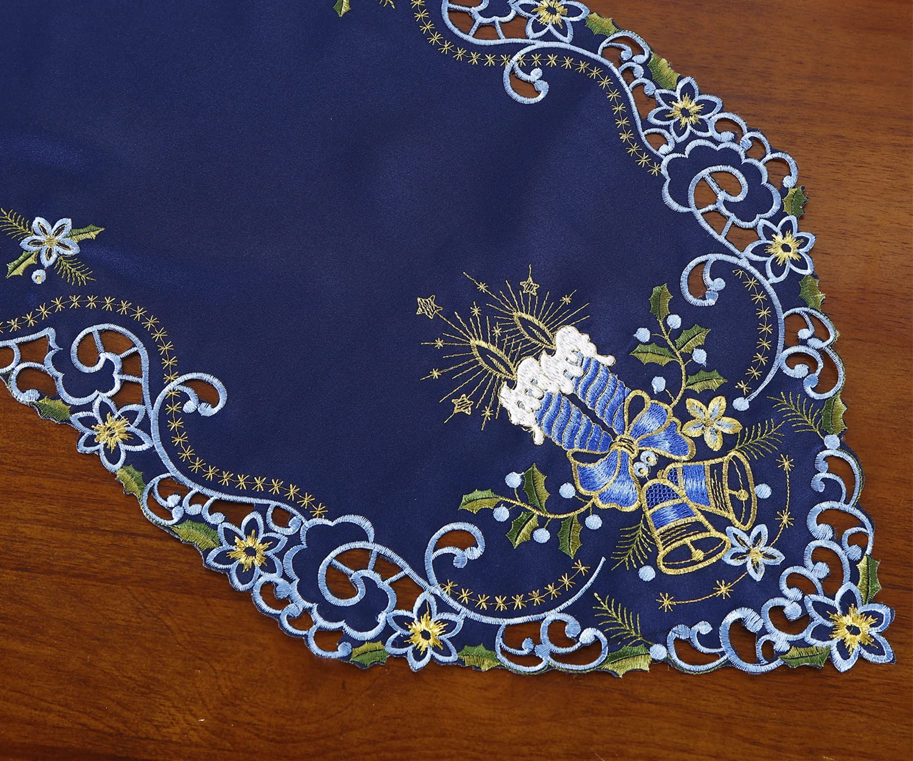 Holiday Christmas Table Runner, Cutwork Embroidered Floral Blue Christmas Candles And Dark Blue Fabric Dresser Scarf Table Toppe