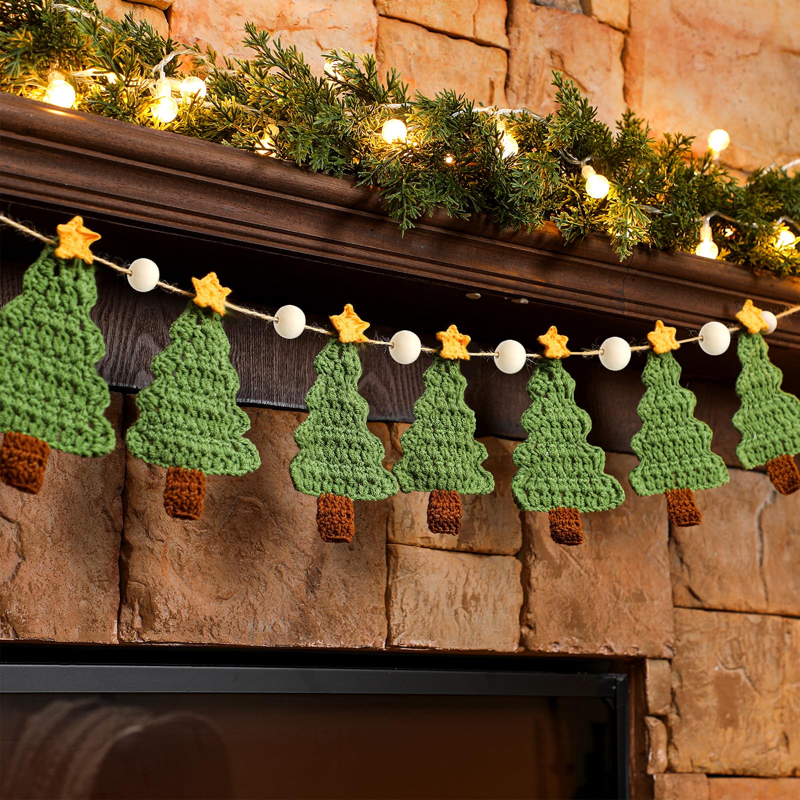 Tudomro Crochet Christmas Tree Garland 6.56 ft Rustic Handmade Xmas Banner Christmas Tree Wooden Beads Farmhouse Hanging Decor f