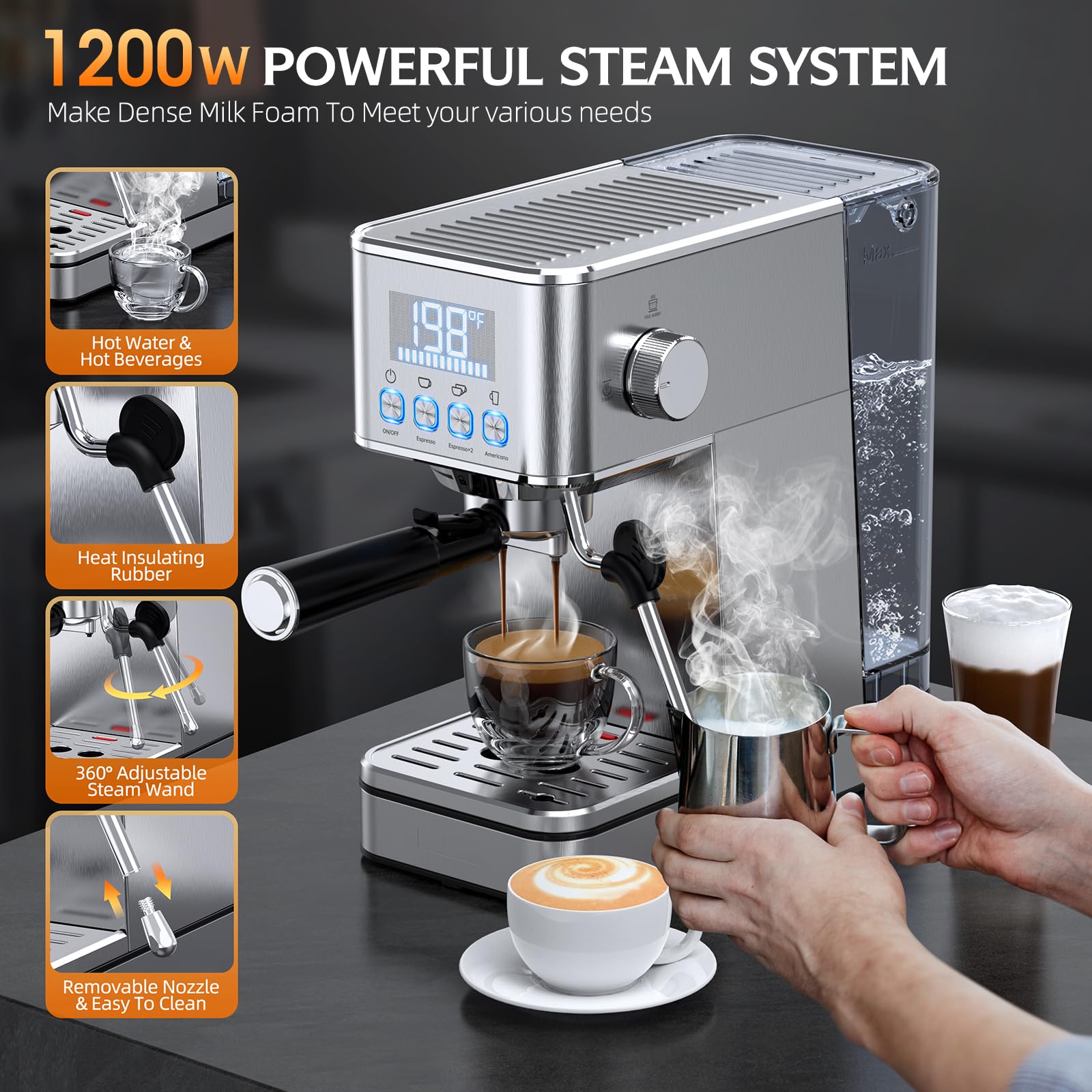 LERTIN Espresso Machine EM626, 20Bar Stainless Steel, 57.5OZ Tank, Milk Frother, Silver
