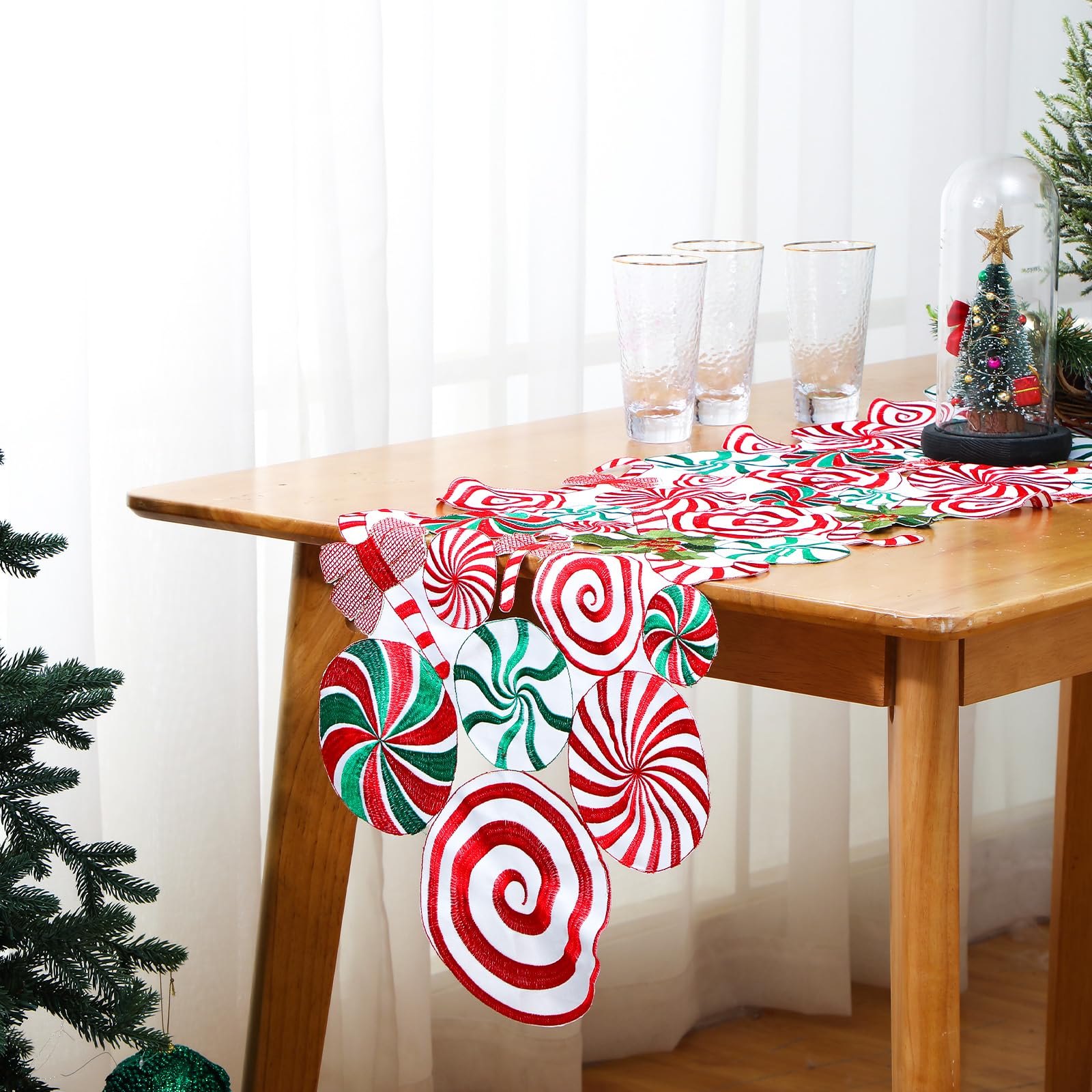 Kingdder Christmas Table Runner Embroidered Poinsettia Lollipop Candy Cane Table Runner Candy Table Mats for Kitchen Party Home 