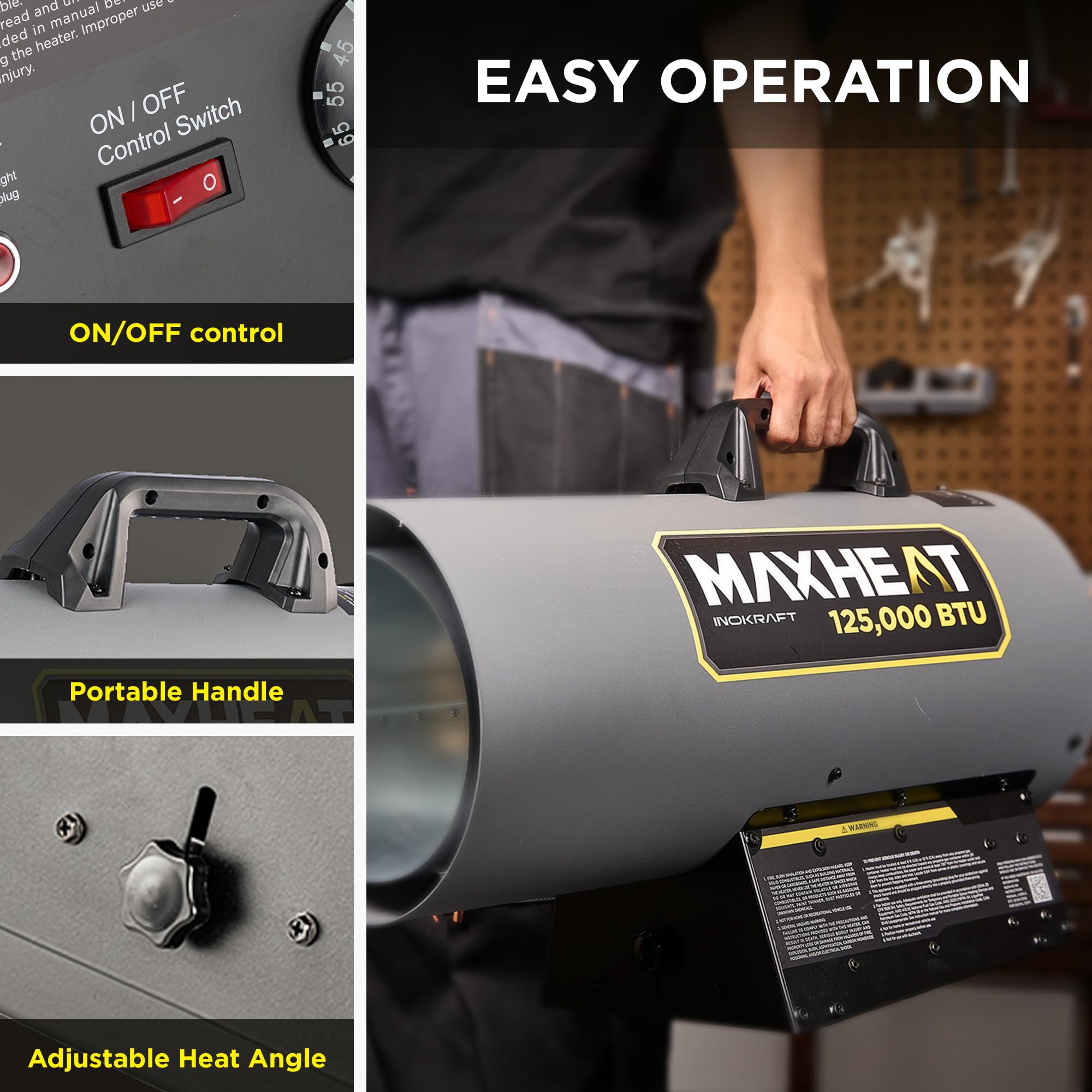 Inokraft Maxheat Mh125 125,000 Btu Forced Air Propane Heater, Auto 25-95F On/Off Control, Portable Garage Heater, Propane Torped