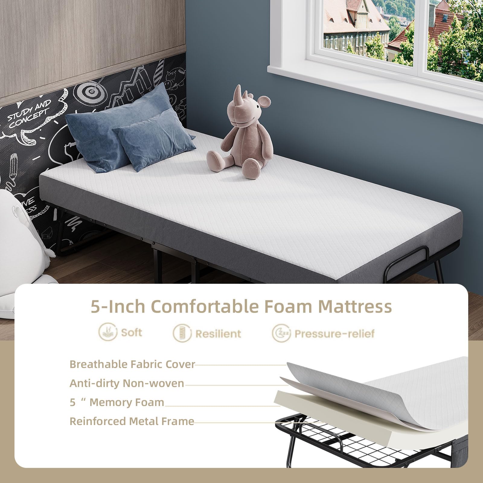 Folding Bed With Mattress, Portable Foldable Bed With Premium 5 Inch Memory Foam Mattress, Rollaway Bed Day Bed For Adults With