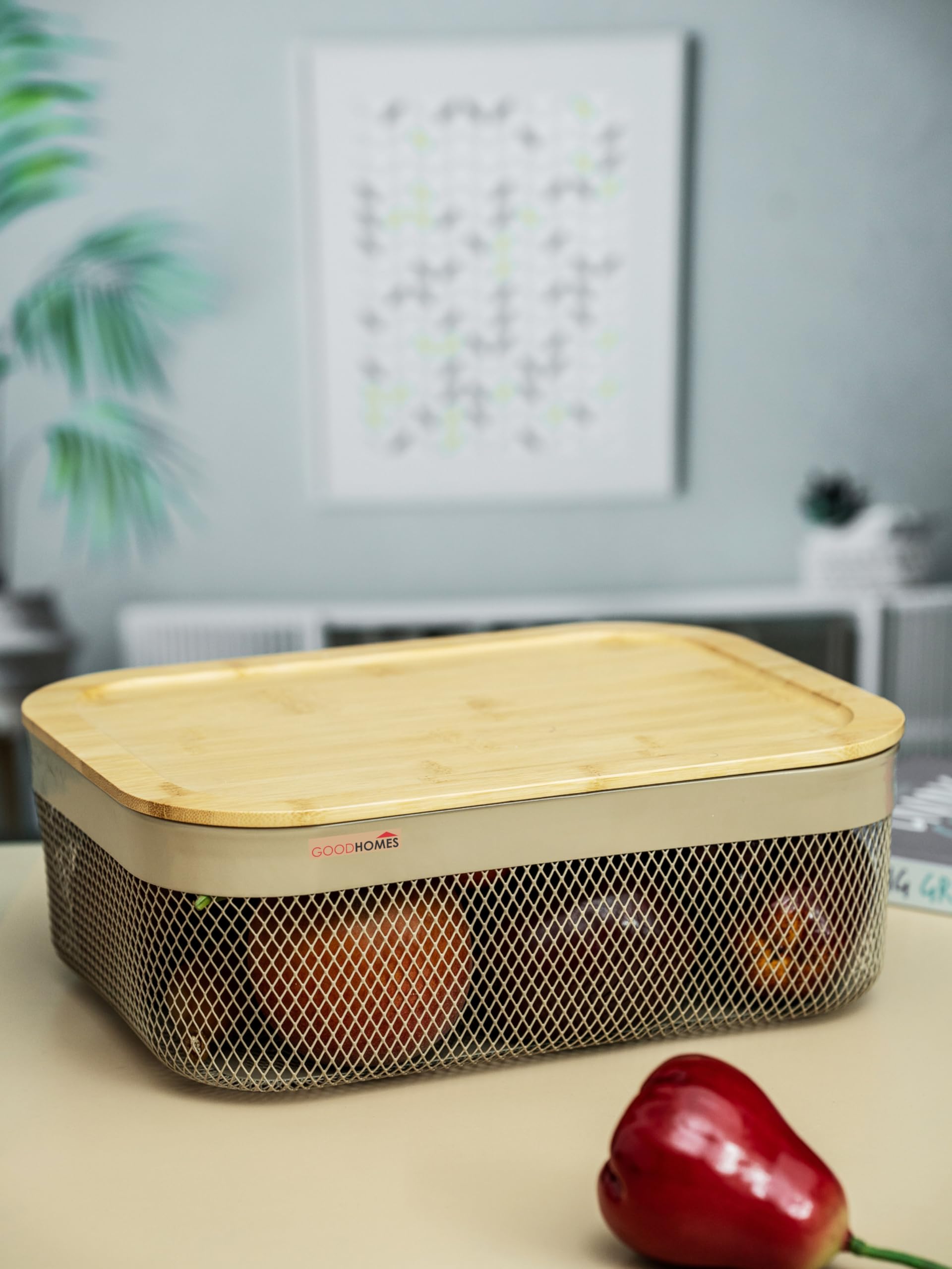 Goodhomes Metal Fruit Basket With Wooden Lid Basket17Brown