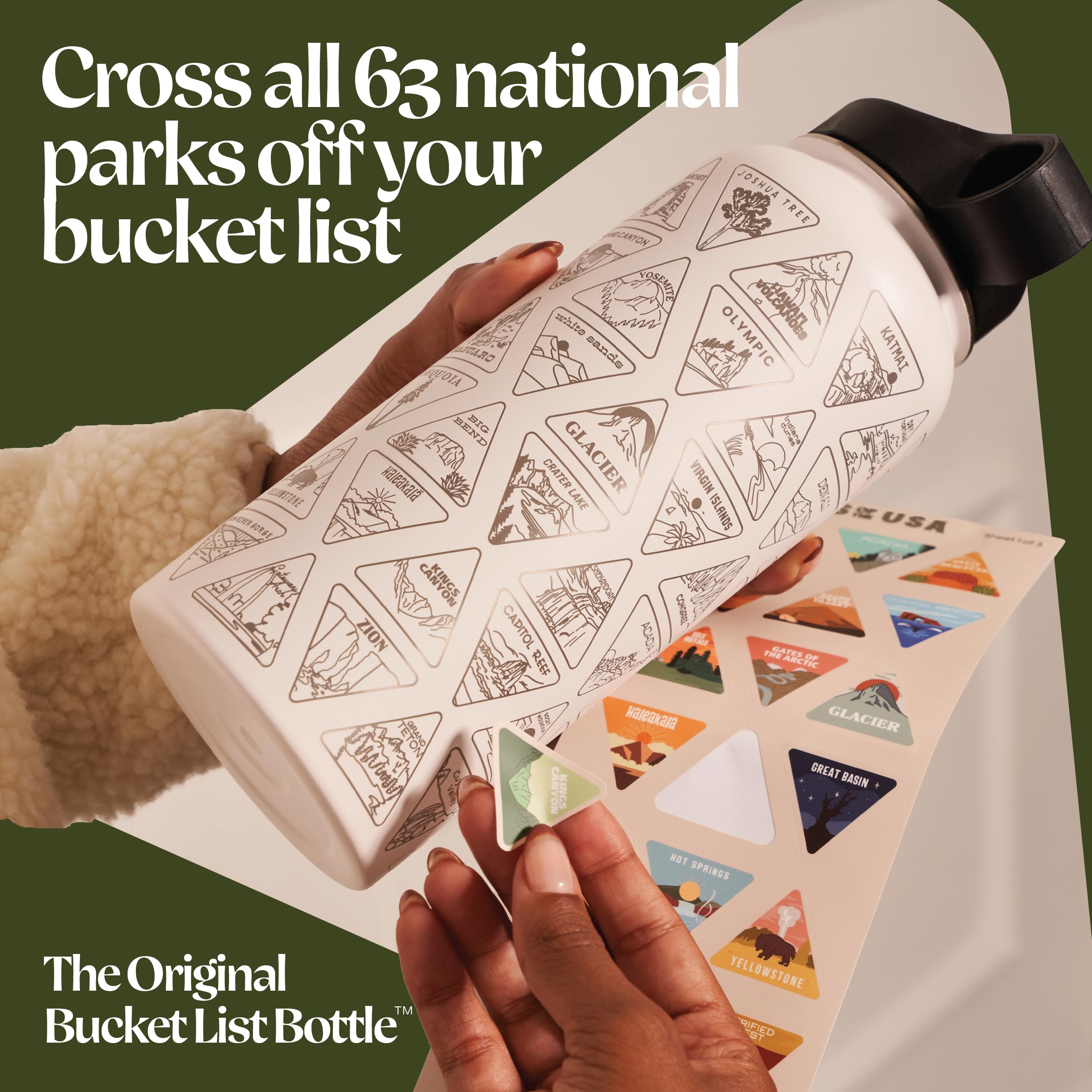Wondery Original National Parks Of The Usa Bucket List Travel Water Bottle With Waterproof Stickers And Straw | White 32 Oz Engr