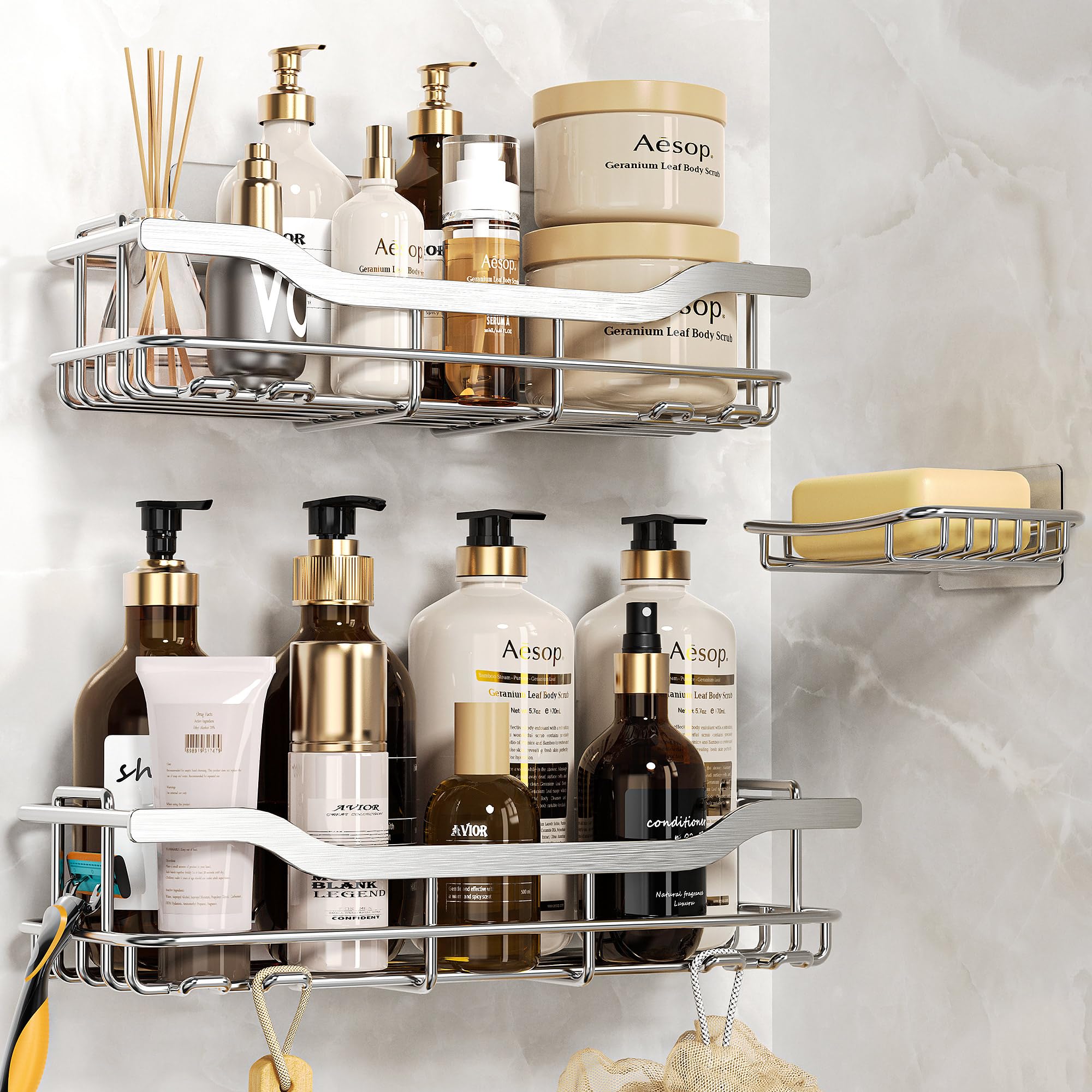 OMAIRA 3-Pack Shower Caddy with Soap Holder, Adhesive Rustproof No-drill Strudy Loading Inside Shower Organizer Shelves Rack Sto