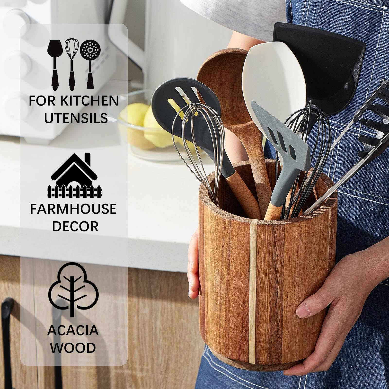 Lohoner Acacia Wood Utensil Holder For Kitchen Counter, 360 Rotating 7.2'' Large Cooking Utensil Holder, Kitchen Utensil Storage
