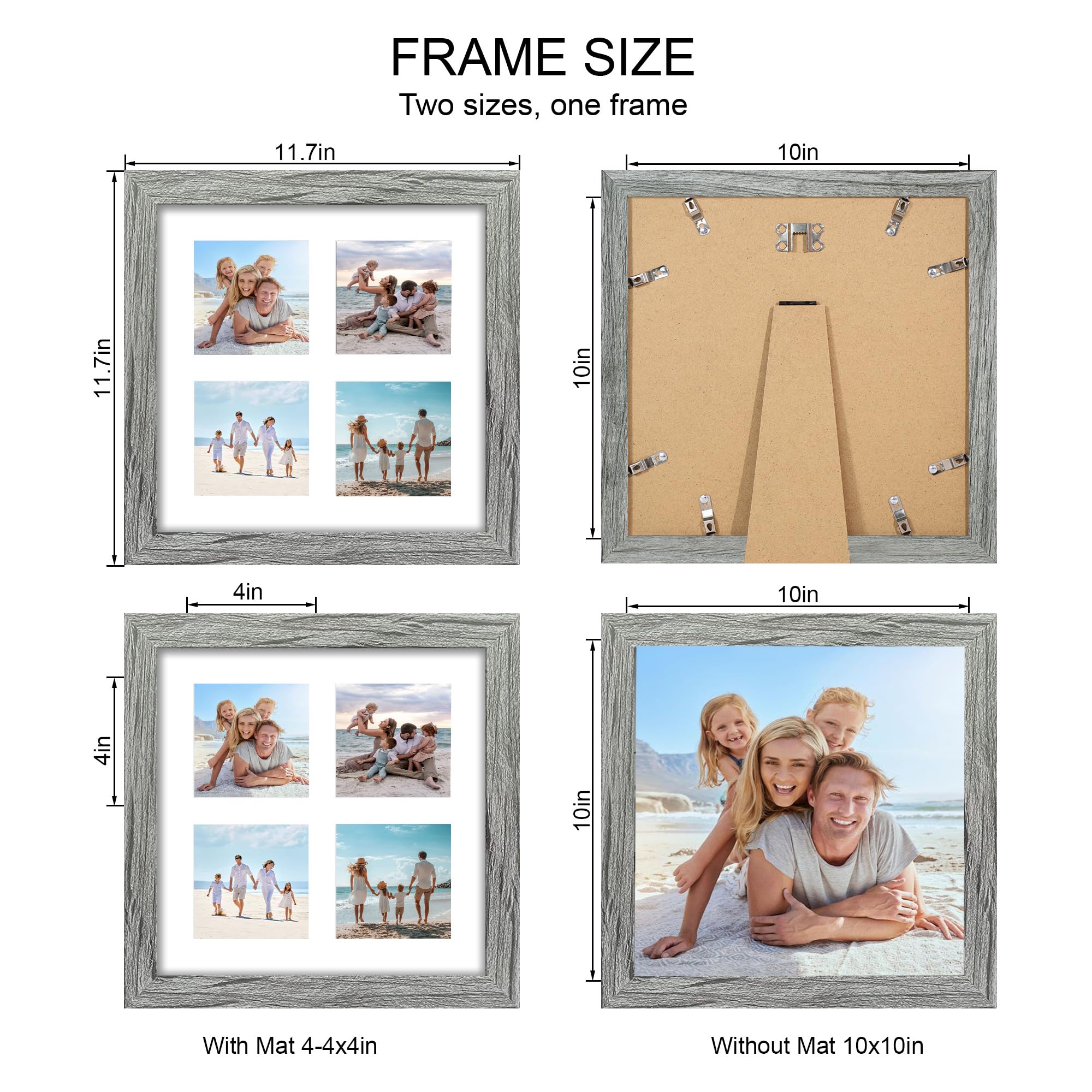 Hongkee 10x10 Picture Frame Set of 2, Real Glass and Grey Collage Frame, Display Pictures Four Opening 4x4 With Mat or 10 x 10 W