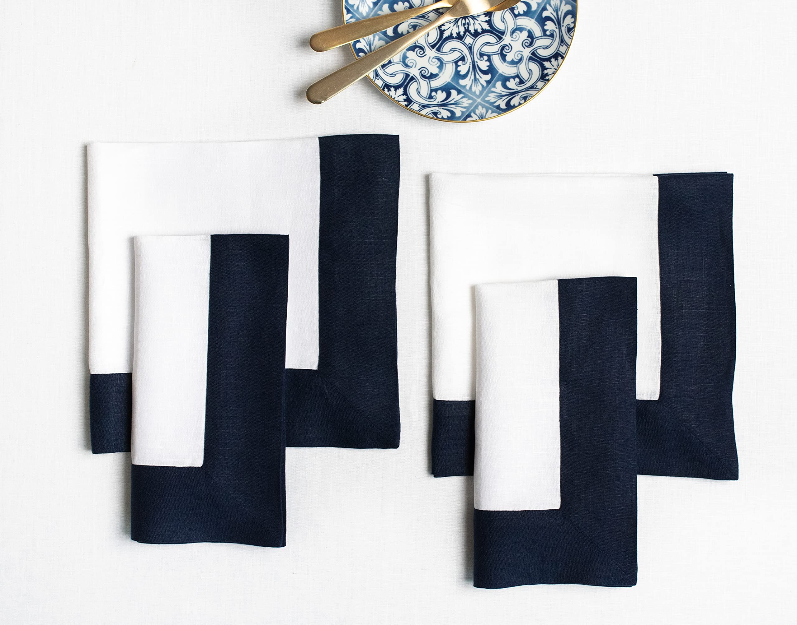 Solino Home Linen Dinner Napkins - 100% Pure Linen Fabric 20 X 20 Inch Napkins Navy And White - Set Of 4 Napkins For Spring, Sum