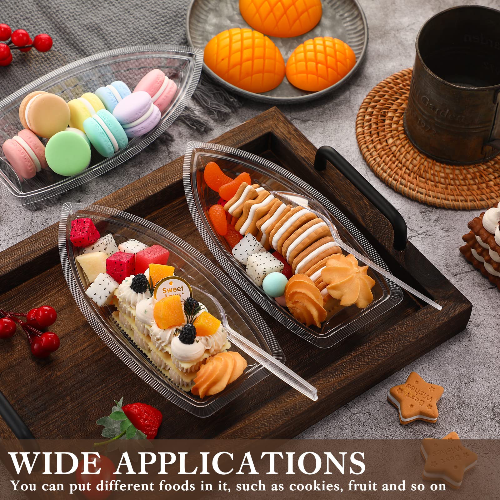 Sieral 32 Pcs 8 Oz Disposable Banana Split Boats With Spoons, Clear Plastic Ice Cream Sundae Bowls Banana Split Ice Cream Dishes