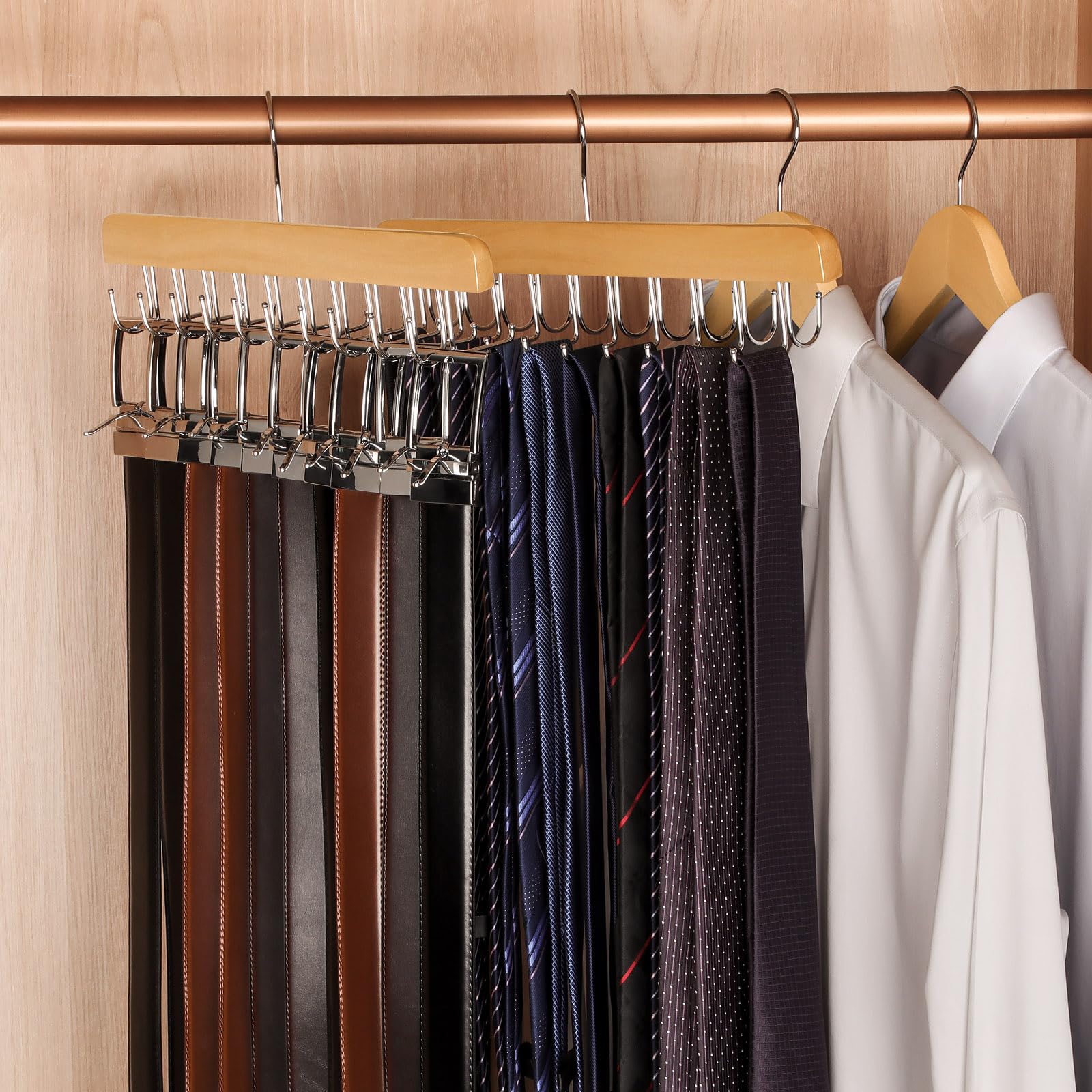 Topia Hanger 2 In 1 Belt Tie Hanger For Closet Max 30 Belts With 30 Ties Capacity, 20 Hooks Belt Tie Racks Wooden Hanger For Clo