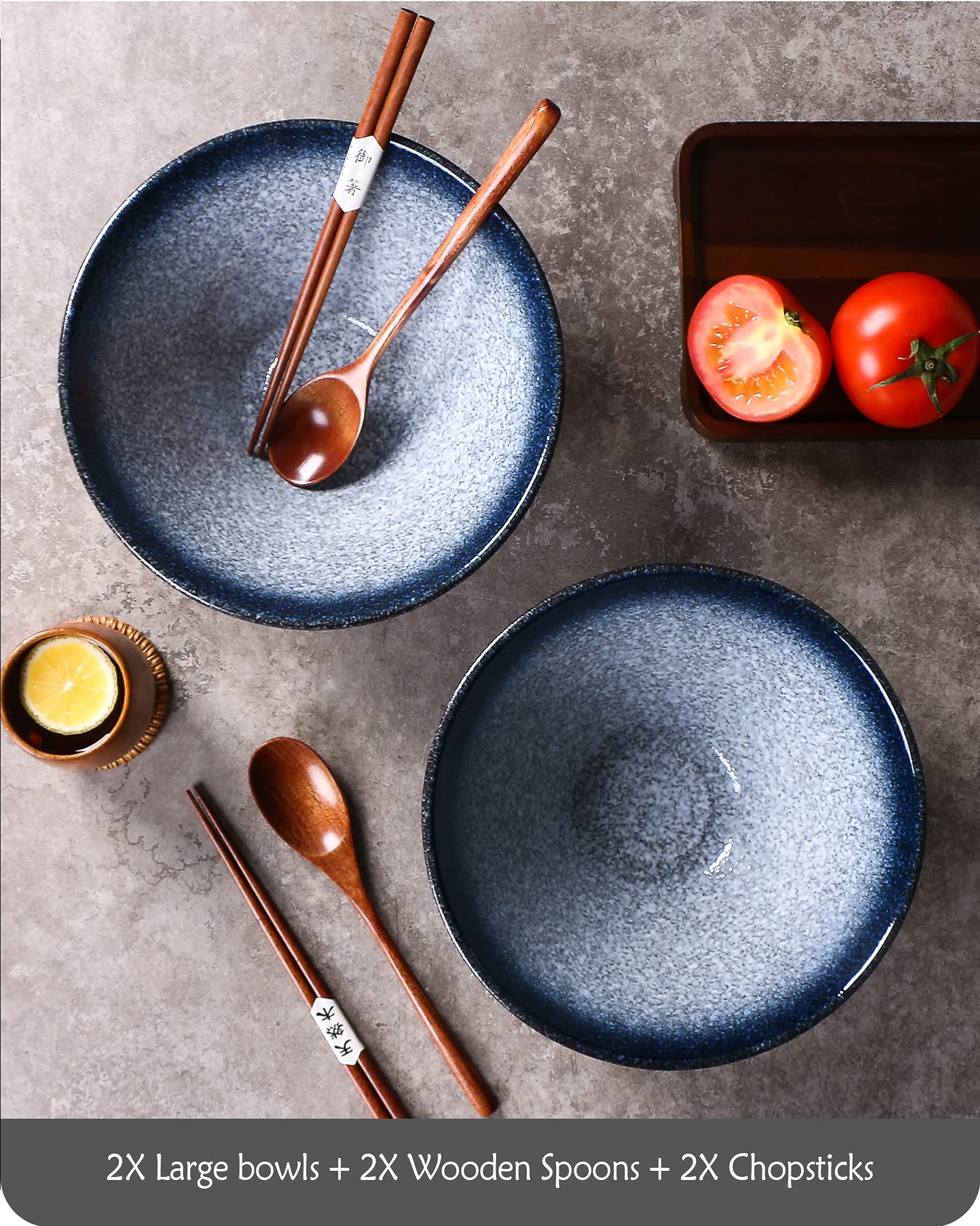Lareina Ceramic Japanese Ramen Bowls, 2 Sets (6 Piece) 60 Ounce, Large Noodle Soup Bowl With Matching Chopsticks And Spoons For