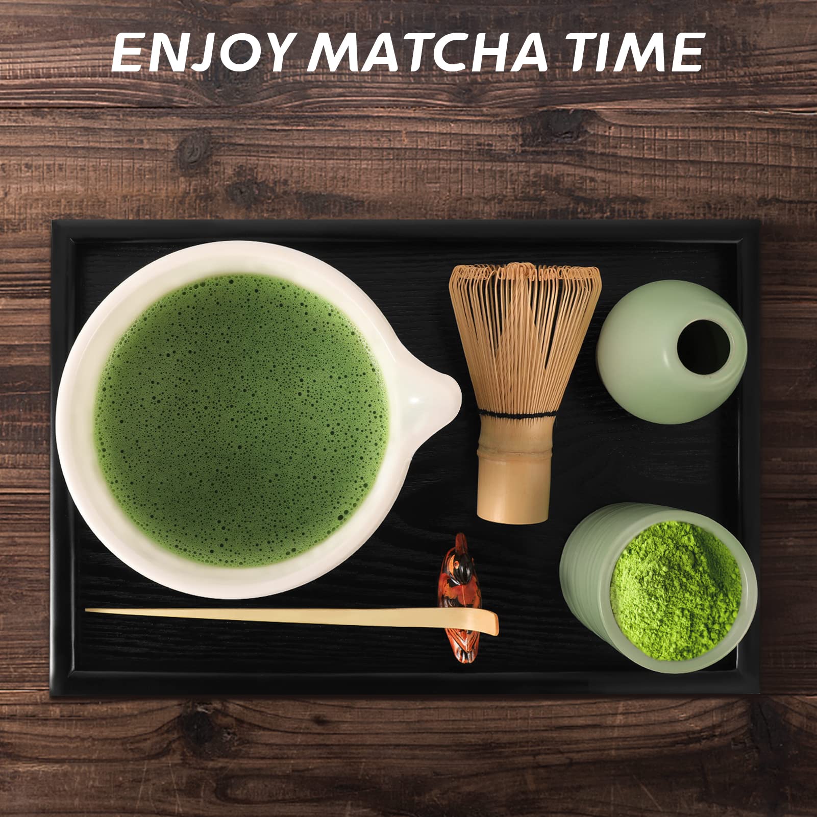 Artcome Japanese Matcha Tea Set, Matcha Bowl With Pouring Spout, Black Tea Tray, Matcha Whisk, Ceramic Whisk Holder, Matcha Powd