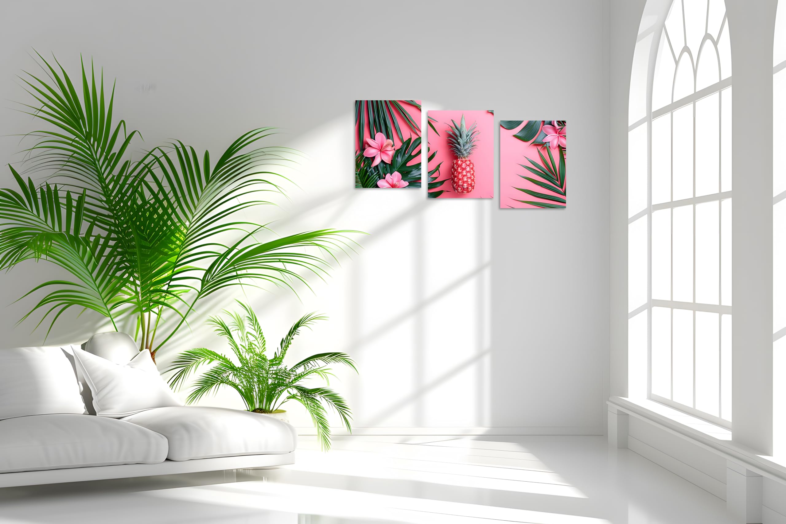 Tutubeer 3 Pcs Tropical Pictures Tropical Palm Leaves And Pink Pineapple Flower Picture Tropical Wall Art Canvas Green And Pink