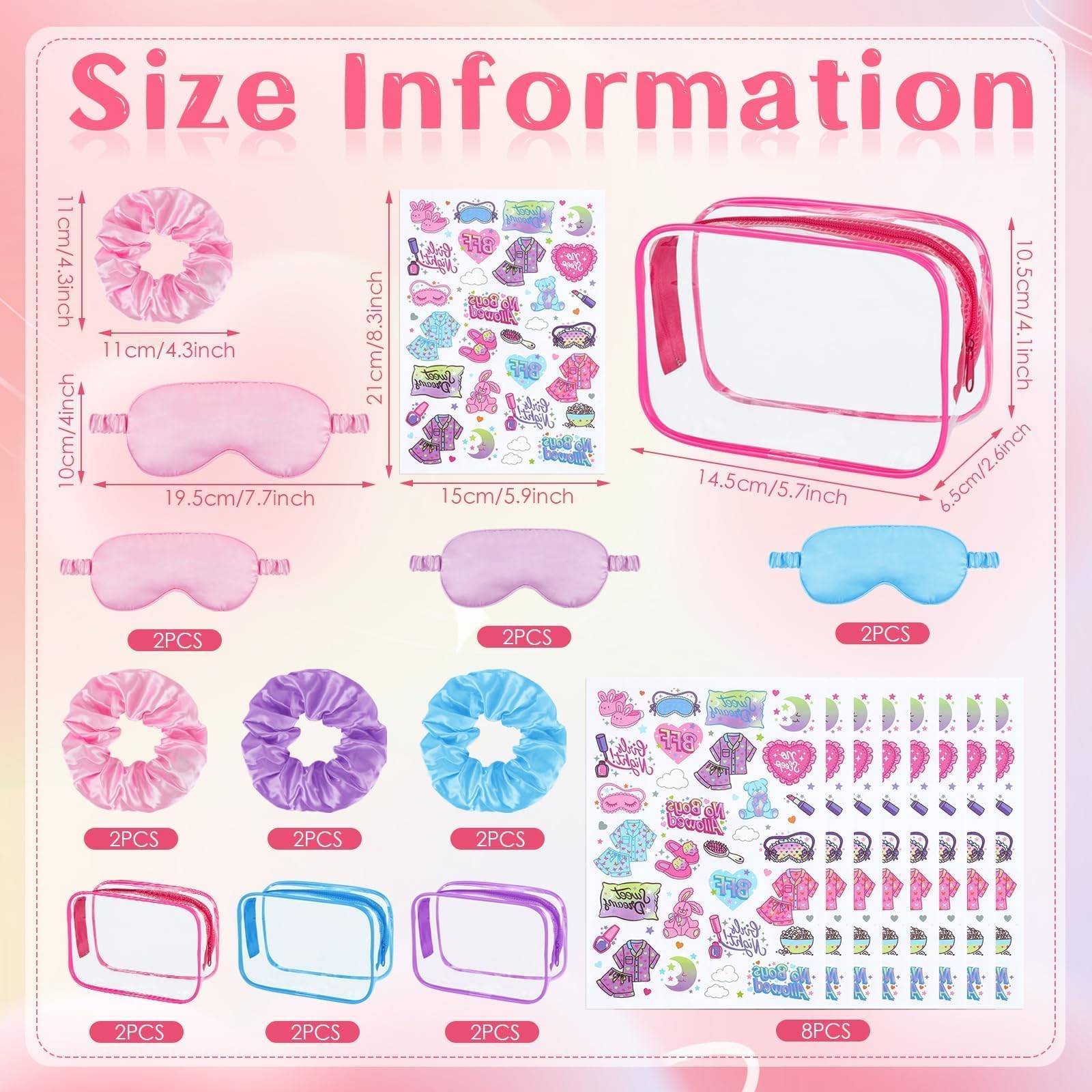 YLOLUL 24 Pcs Spa Sleepover Party Supplies for Girls Makeup Party Favor with Hair Scrunchies Clear Cosmetic Bags Eye Masks Sleep