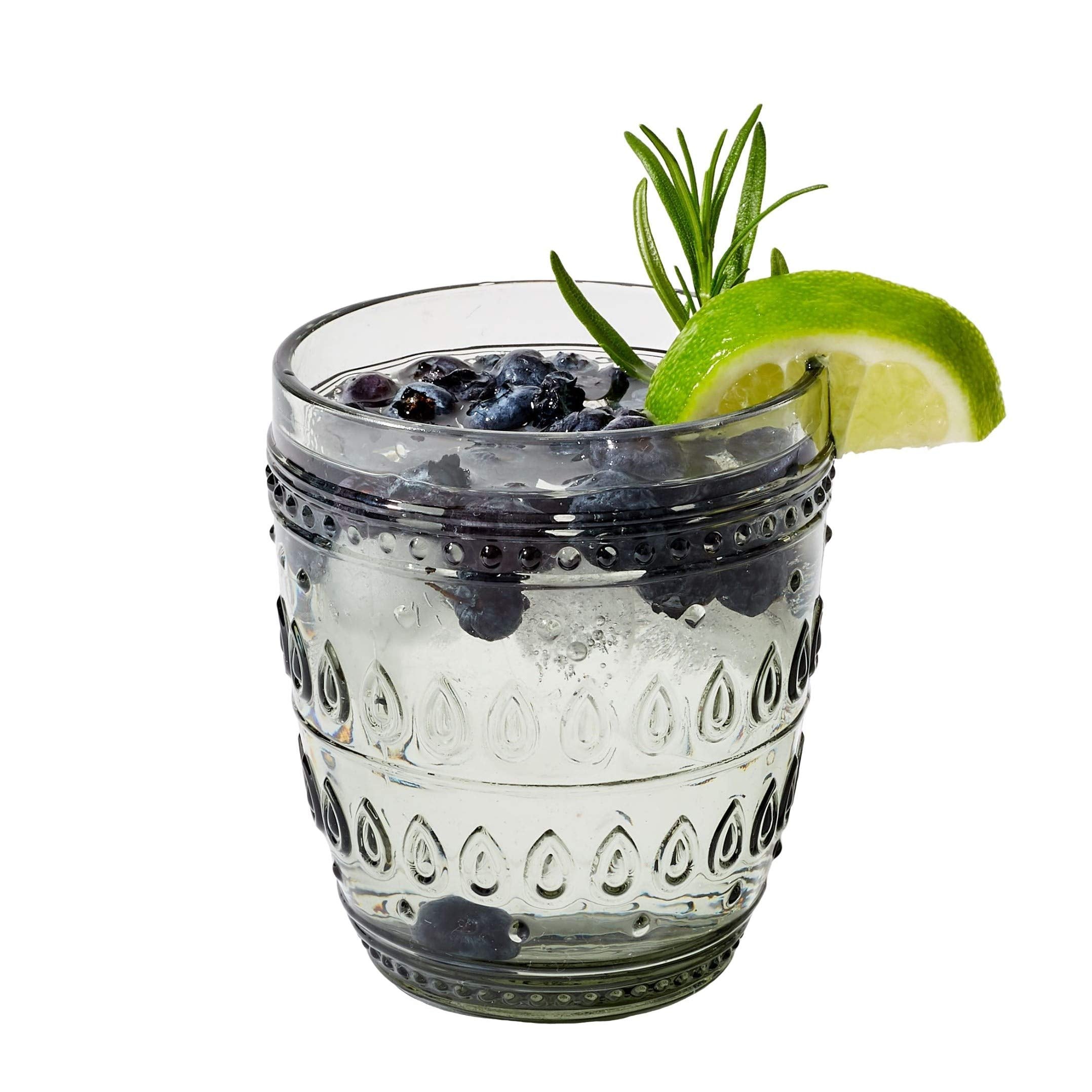 Euro Ceramica Fez Collection Drinkware and Glasses, 12oz Old Fashion Set of 4, Teardrop Mandala Design, Grey