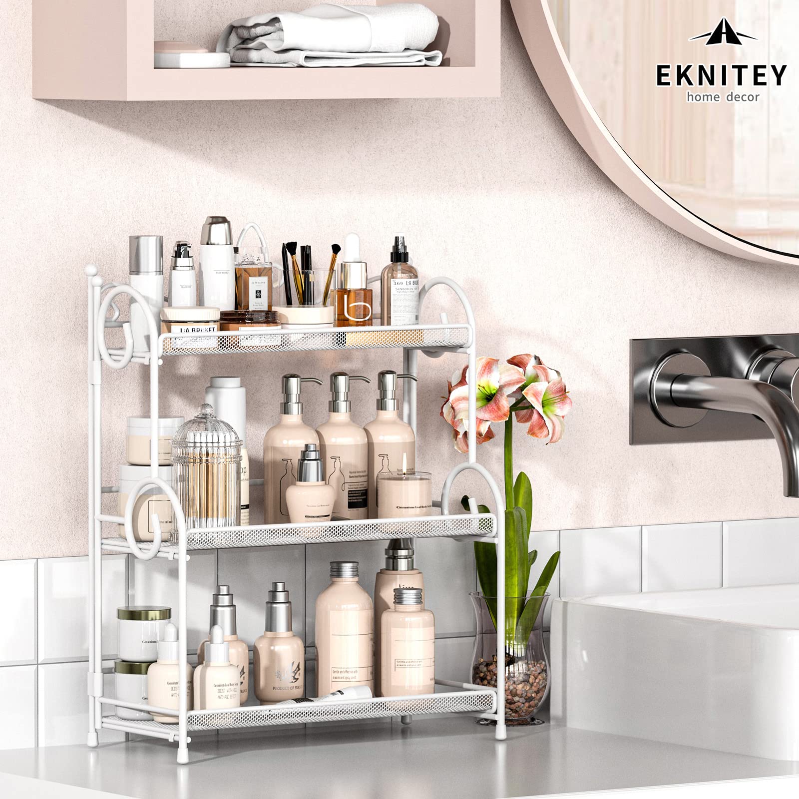 EKNITEY 3 Tier Countertop Organizer - White Metal Bathroom Sink Storage Rack, No Assembly Required