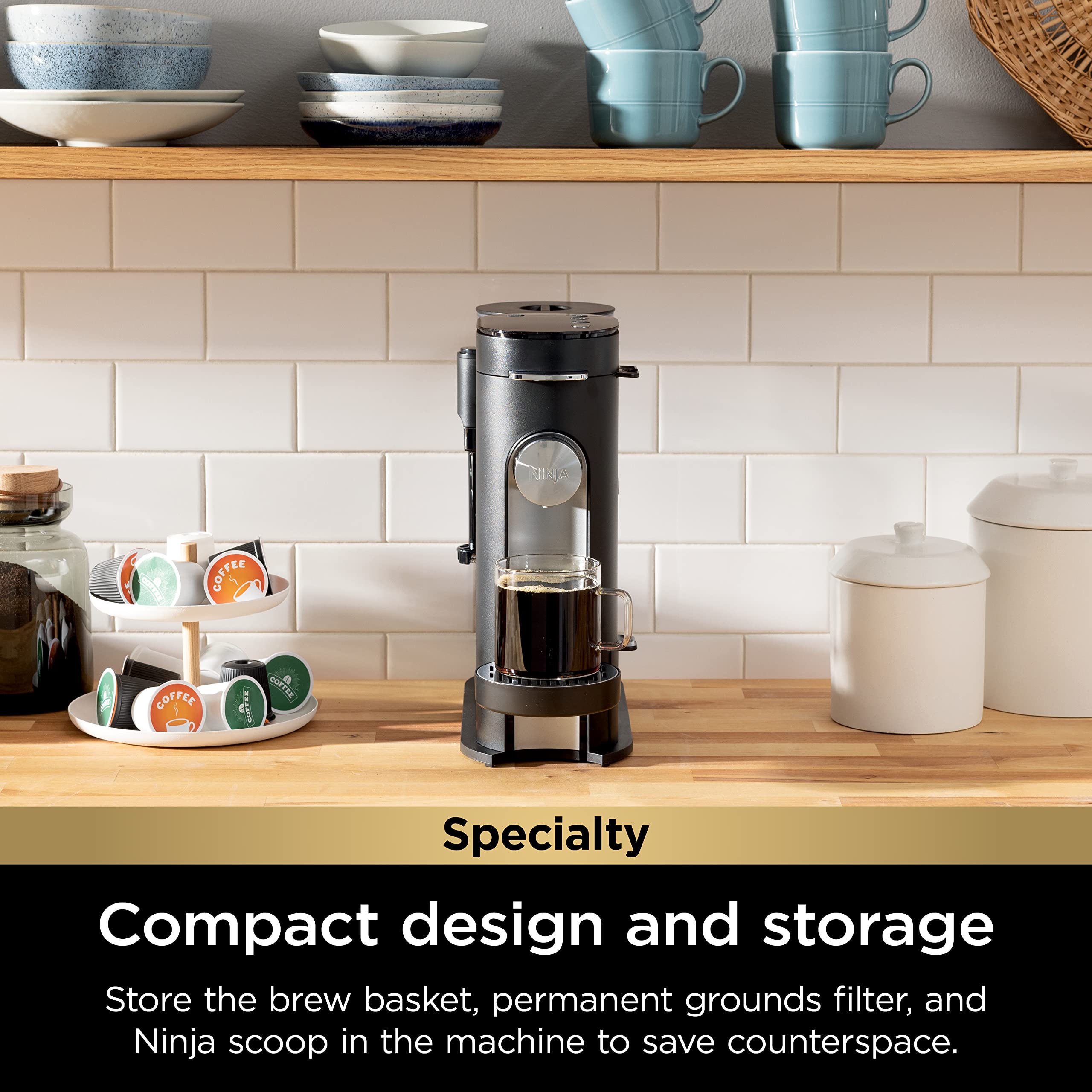 Ninja Pb051 Pod & Grounds Specialty Single-Serve Coffee Maker, K-Cup Pod Compatible, Brews Grounds, Compact Design, Built-In Mil