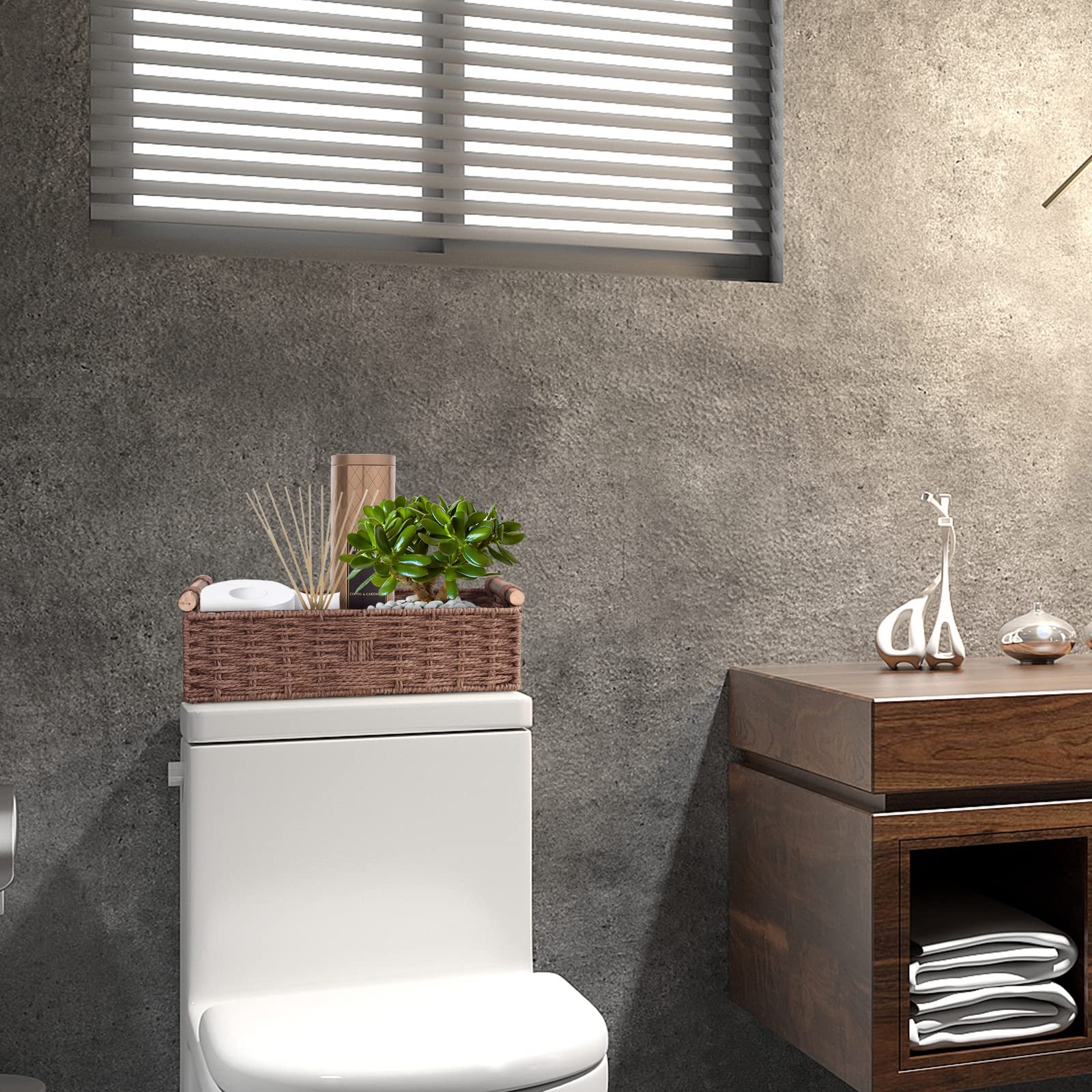 Round Paper Rope Storage Basket Wicker for Organizing with Handle  Decorative Bins Countertop Toilet Paper for Tank Top Small Set  Brown