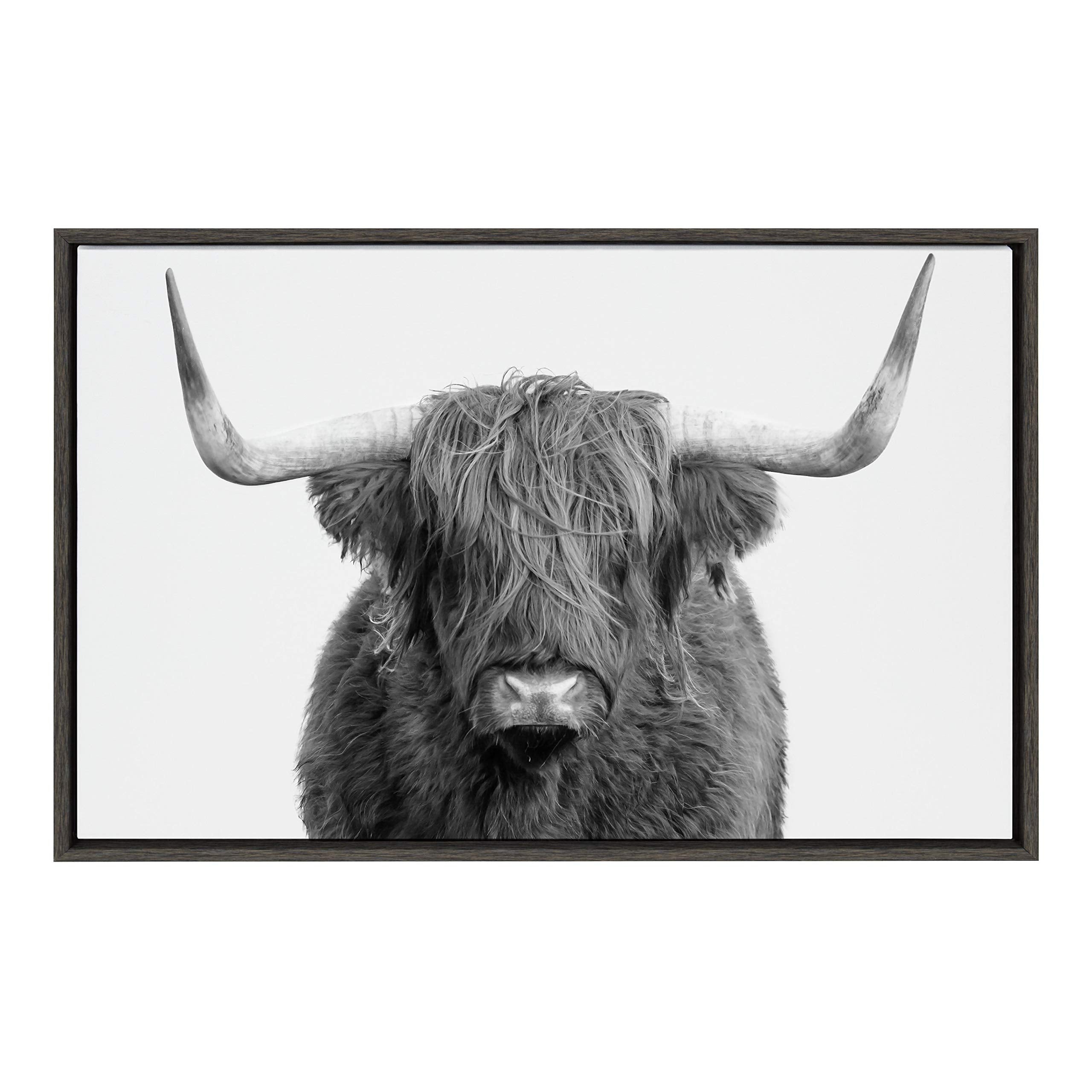 Kate And Laurel Sylvie Highland Cow Framed Canvas Wall Art By Amy Peterson, 23X33 Gray, Rustic Wall Decor For Living Room, Bedro