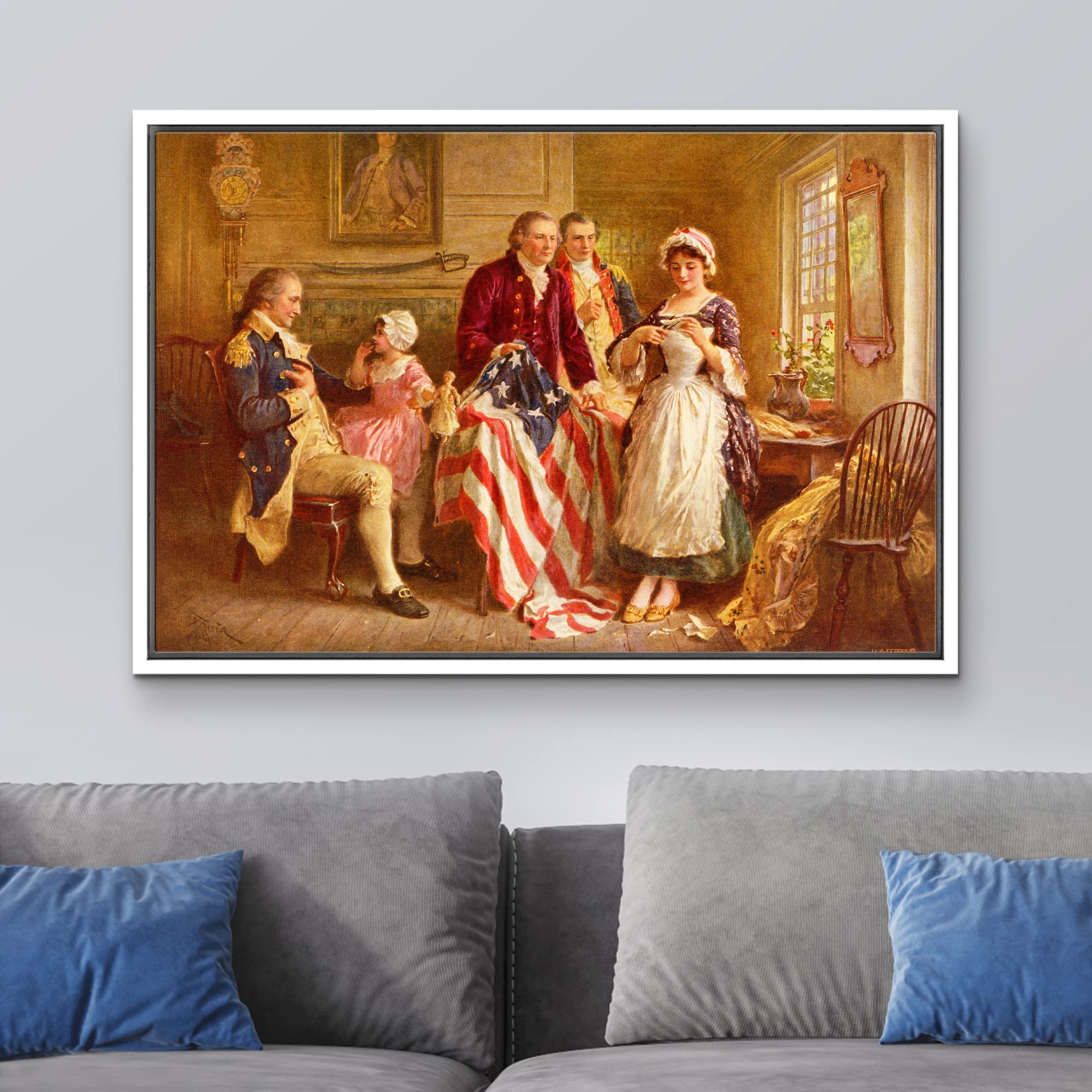 Wall26 - Betsy Ross 1777 By Jean Leon Gerome Ferris - Framed Canvas Print Wall Art Famous Painting Reproduction - 16''X24'' Whit