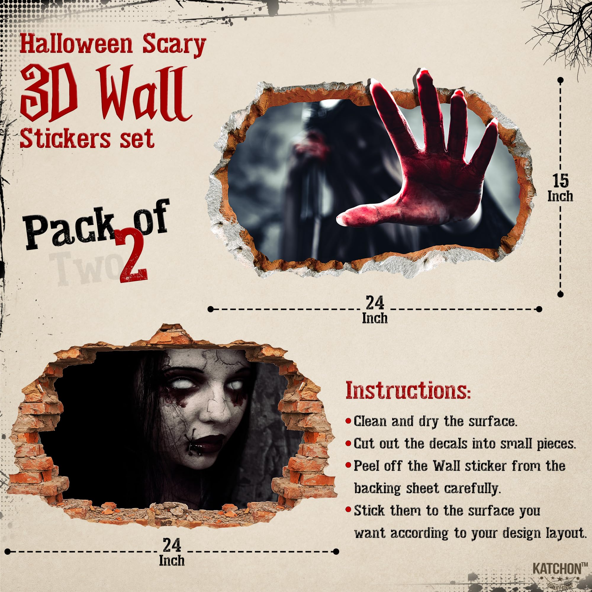 Katchon, 3D Halloween Wall Decals - Large 24 Inch, Pack Of 2 | Scary 3D Halloween Wall Stickers, Halloween Decorations Indoor |