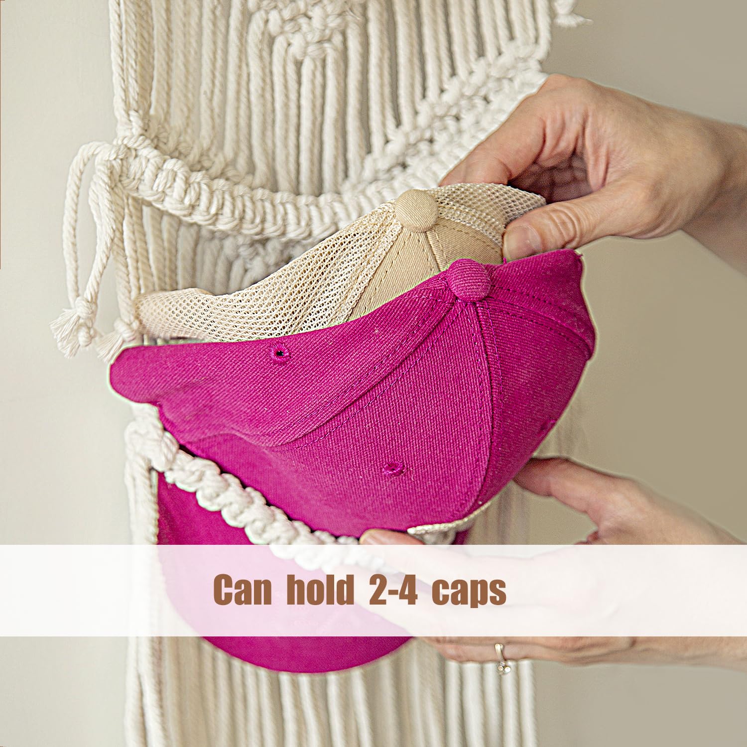 Ball Cap Hanger-2 Pack-Boho Macrame Cap Holder Wall Hat Organizer For Baseball Cap Holder Over Door, Hat Rack For Wall, Cap Rack