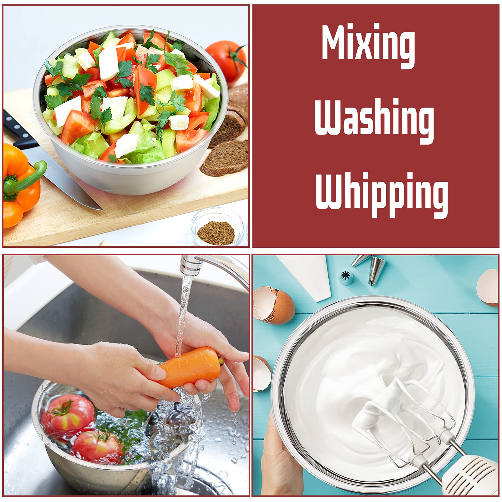 P&P Chef Red Mixing Bowls With Lid Set, Stainless Steel Nesting Salad Bowl And Tight Lid For Mixing & Serving & Perpping, Non-Sl