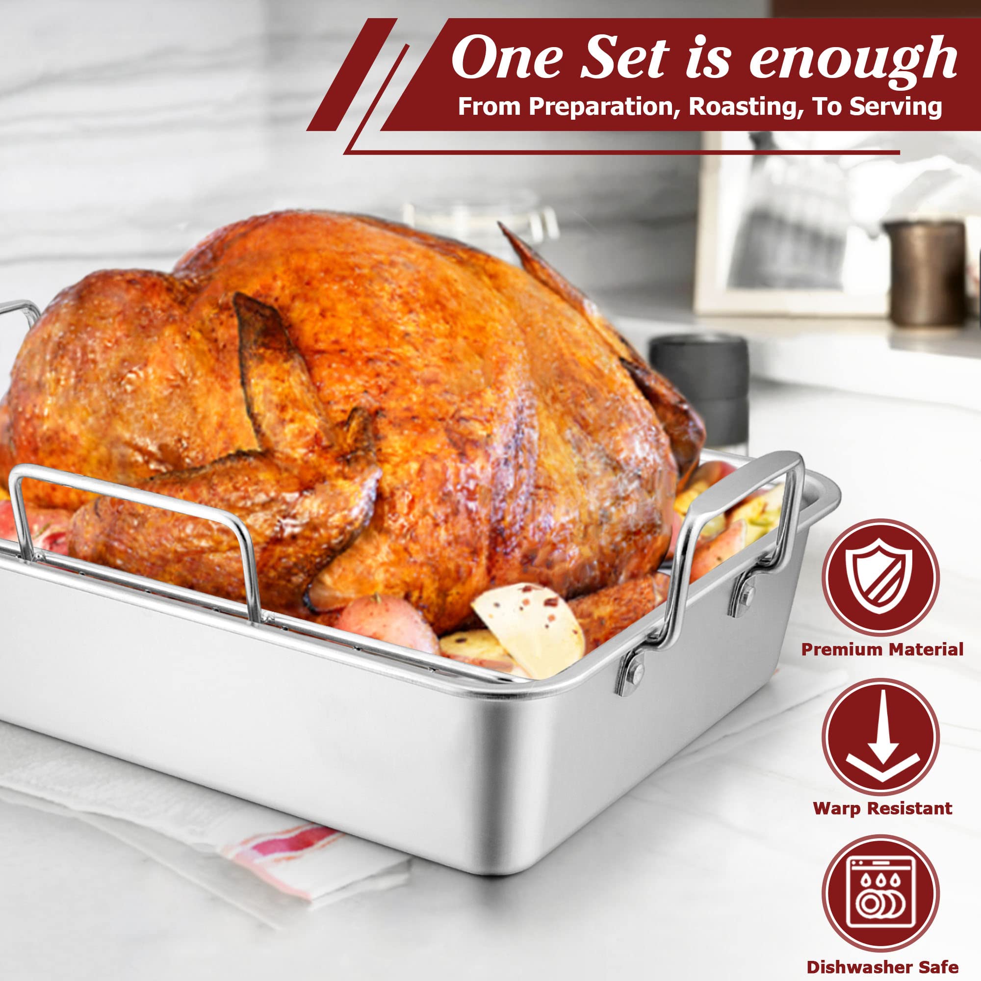 Large Turkey Roasting Pan With Rack, Joyfair 15.3 Inch Stainless Steel Chicken Roaster Pan And V-Rack For Oven, Rectangular Bake