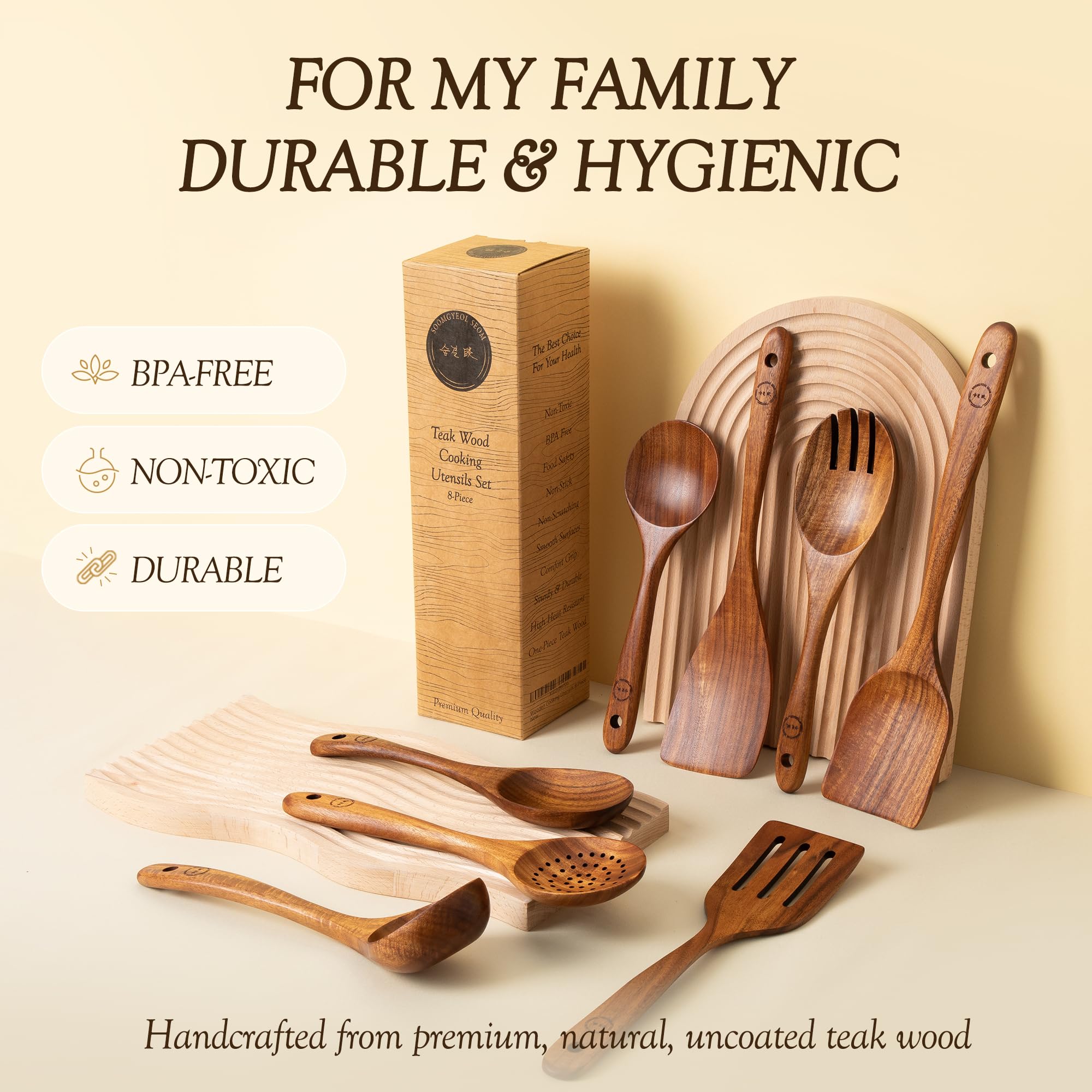 Wooden Spoons For Cooking - 8 Pcs Teak Wood Cookware Utensil Set With Smooth Finish - Non-Stick, Comfortable Grip - Durable, Hea