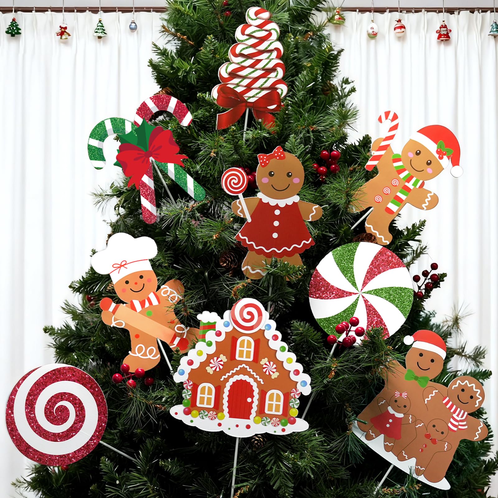 9Pcs Gingerbread Christmas Decorations Plastic Gingerbread Man House Tree Picks and Candy Cane Lollipop Tree Toppers for Holiday