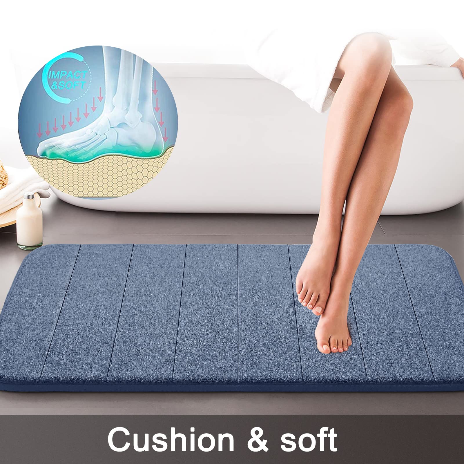 Yimobra Memory Foam Bath Mat Set  2 Piece Soft Bathroom Rugs 17x24 and 24x20.4 U-Shaped Bathroom Rugs  Toilet Mat  Water Absorption  Non Slip  Thick  Dry Fast for Bathroom Floor Mat  Denim Blue