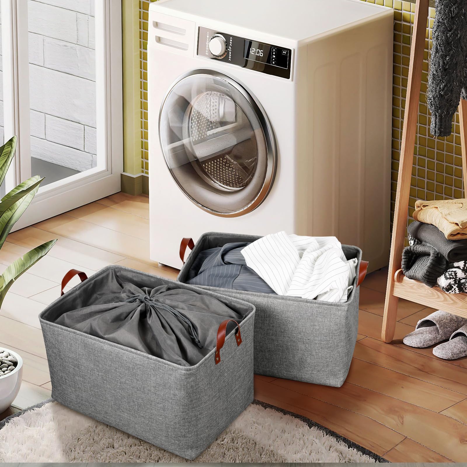 Dullemelo Extra Large Grey Basket For Organizing, Collapsible Fabric Storage Basket With Handles, 70L Oversized Storage Bin, Lar