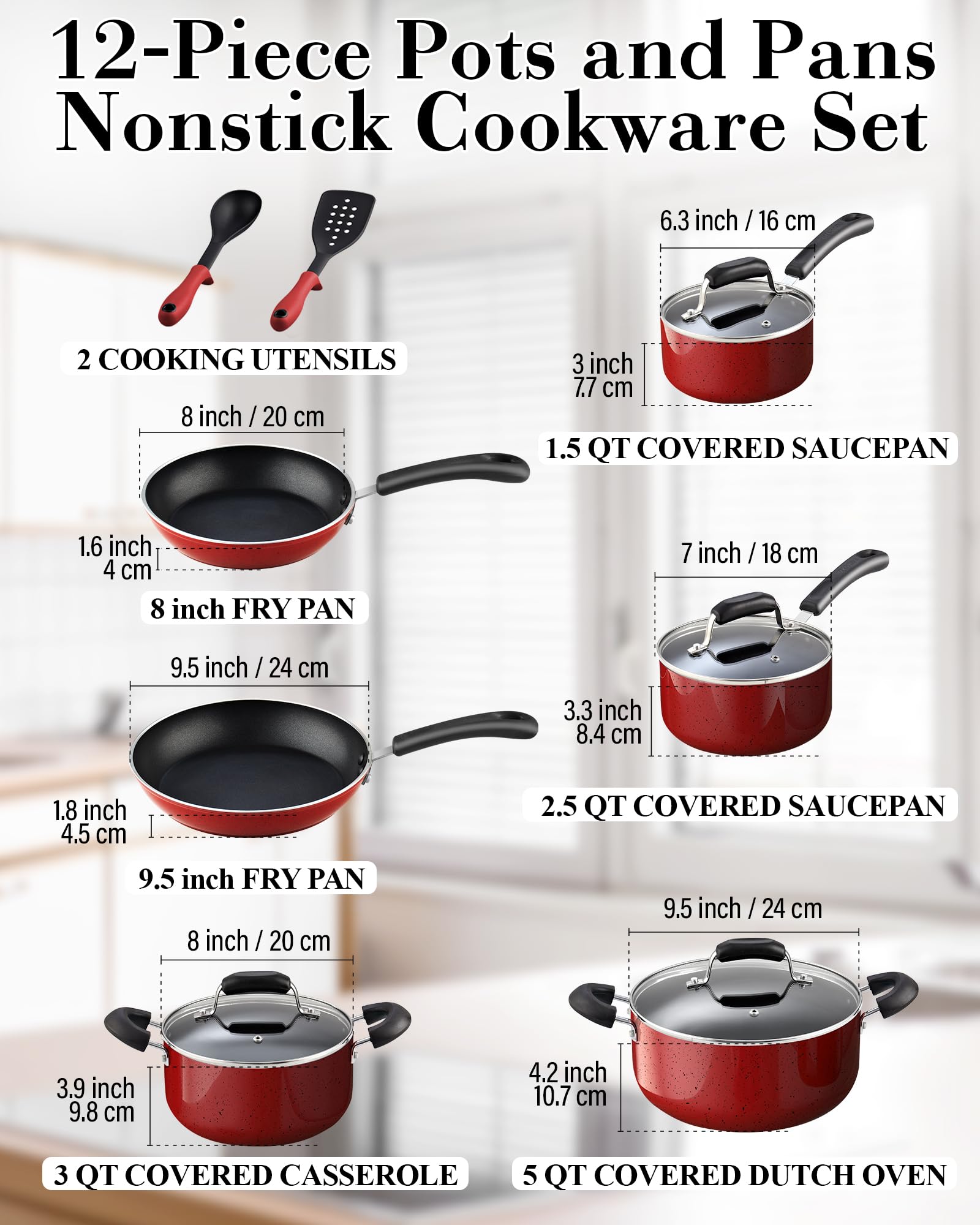 Cook N Home Pots and Pans Nonstick Cookware Set 12-Piece, Kitchen Cooking Set with Frying Pans and Saucepans, Induction Compatib