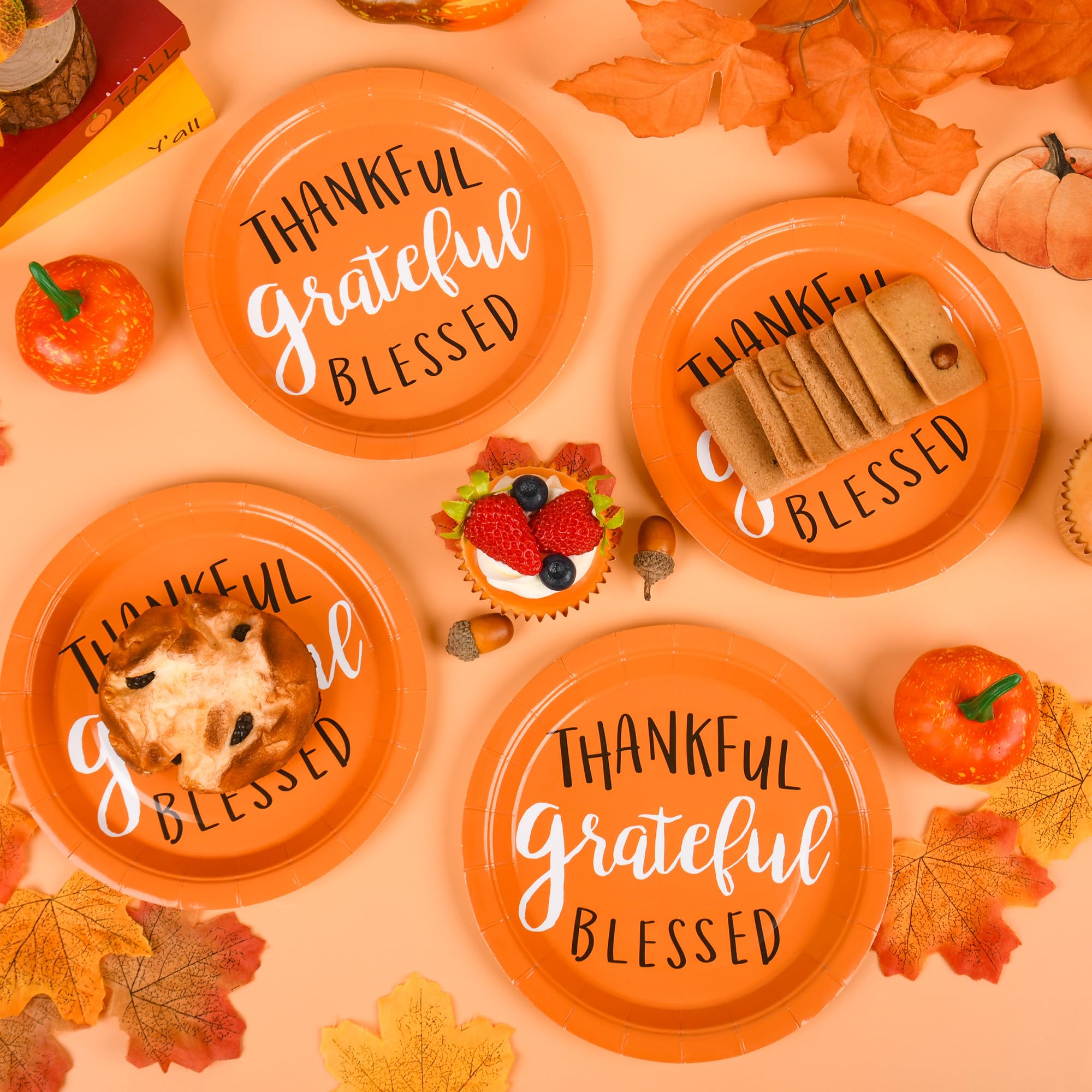 AllReal 48Pcs Thankful Grateful Blessed Paper Plates Fall Thanksgiving Disposable 7 Orange Dessert Plate for Harvest Autumn Part