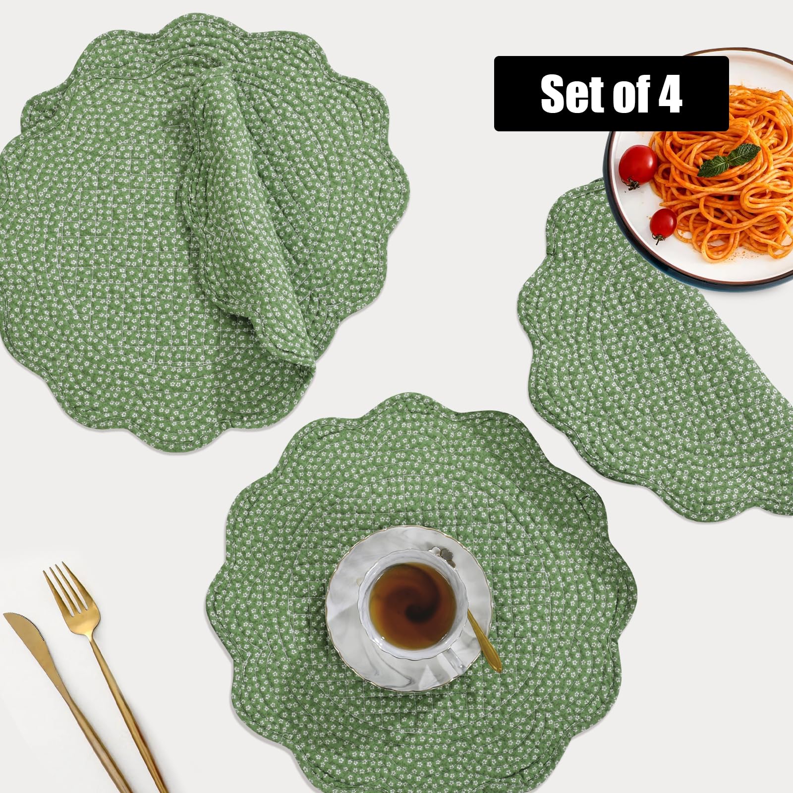 Hombys Quilted Placemats Set Of 4 Washable Round Placemats For Kitchen Table-100% Cotton Fabric Round Table Mats, (Green With Wh