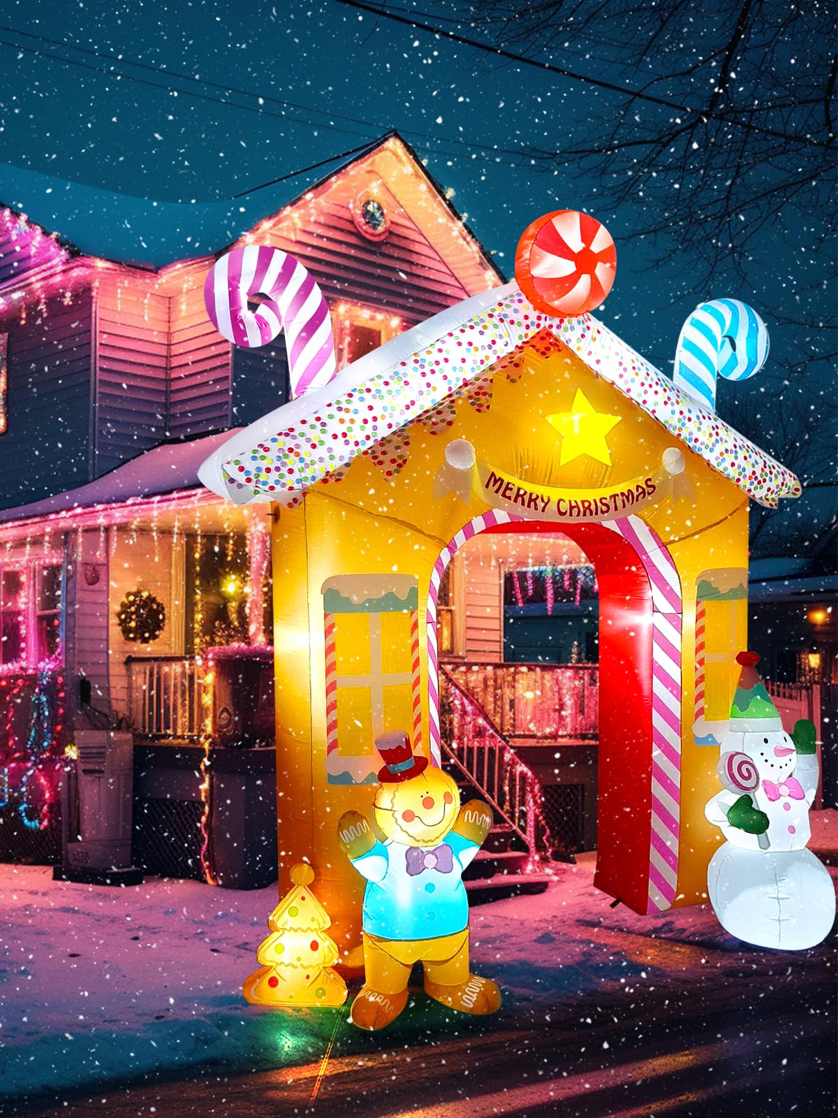 Lanstics 10FT Christmas Inflatables Arch for Outdoor Decoration, Xmas Gingerbread Man Snowman Blow Up Yard Decorations with Buil