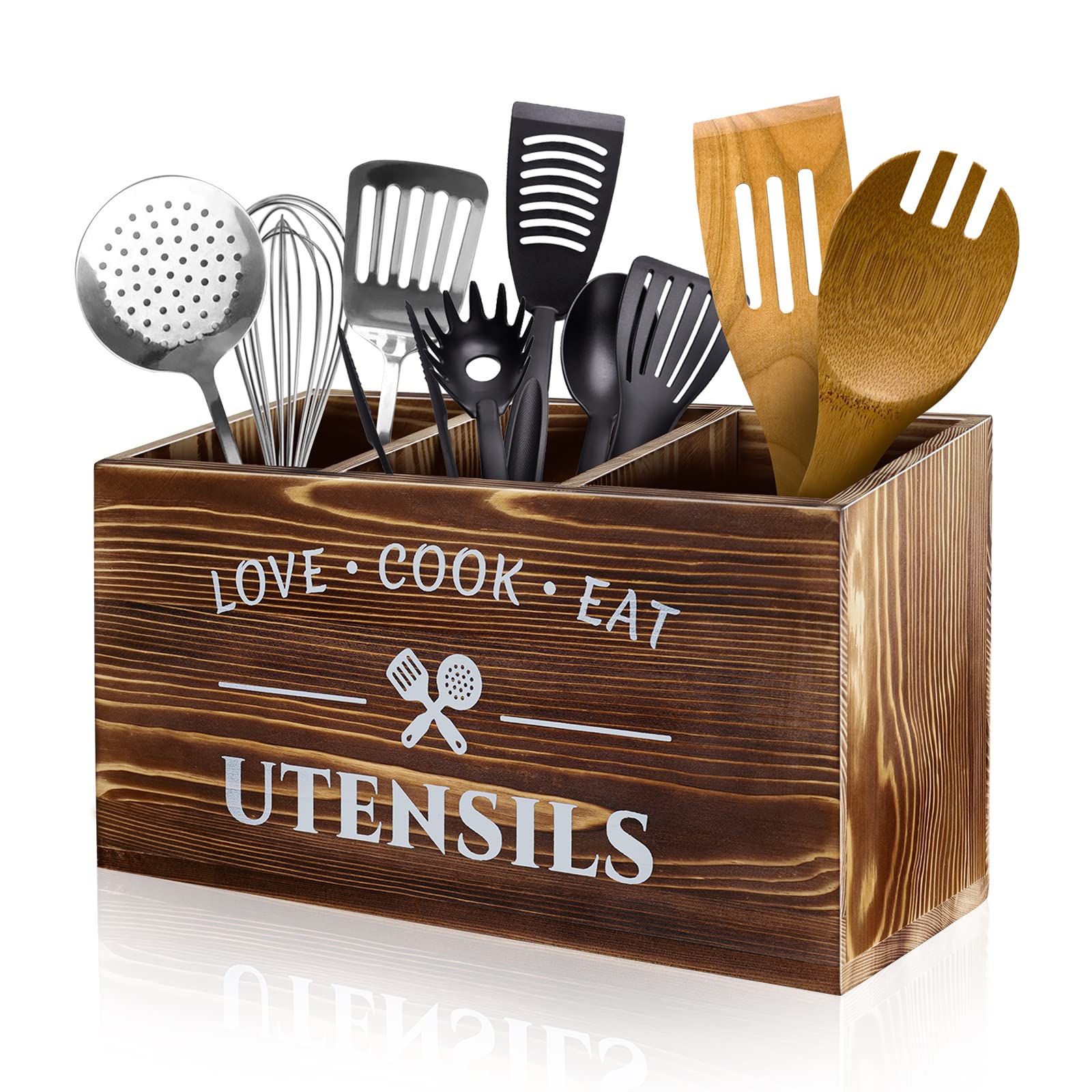MINCORD Brown Utensil Holder Rustic Wood Utensil Caddy Crocks with 3 Compartments for Kitchen Counter, Farmhouse Flatware Organi