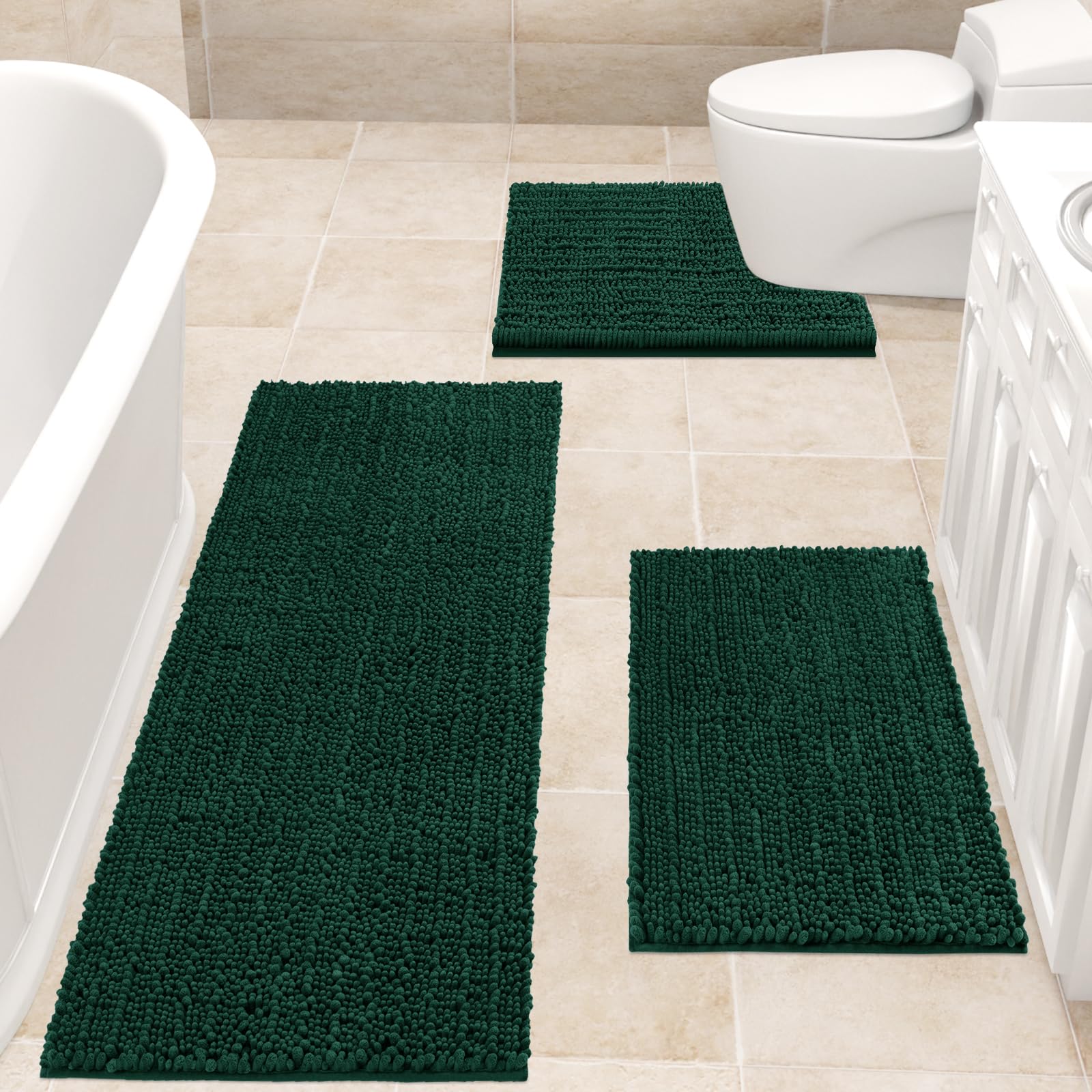 Accumtek Upgrade Extra Large Deep Green Bathroom Rug Set 3 Pieces Ultra Soft, Thick Absorbent Bath Mats, Non Slip Chenille Toile