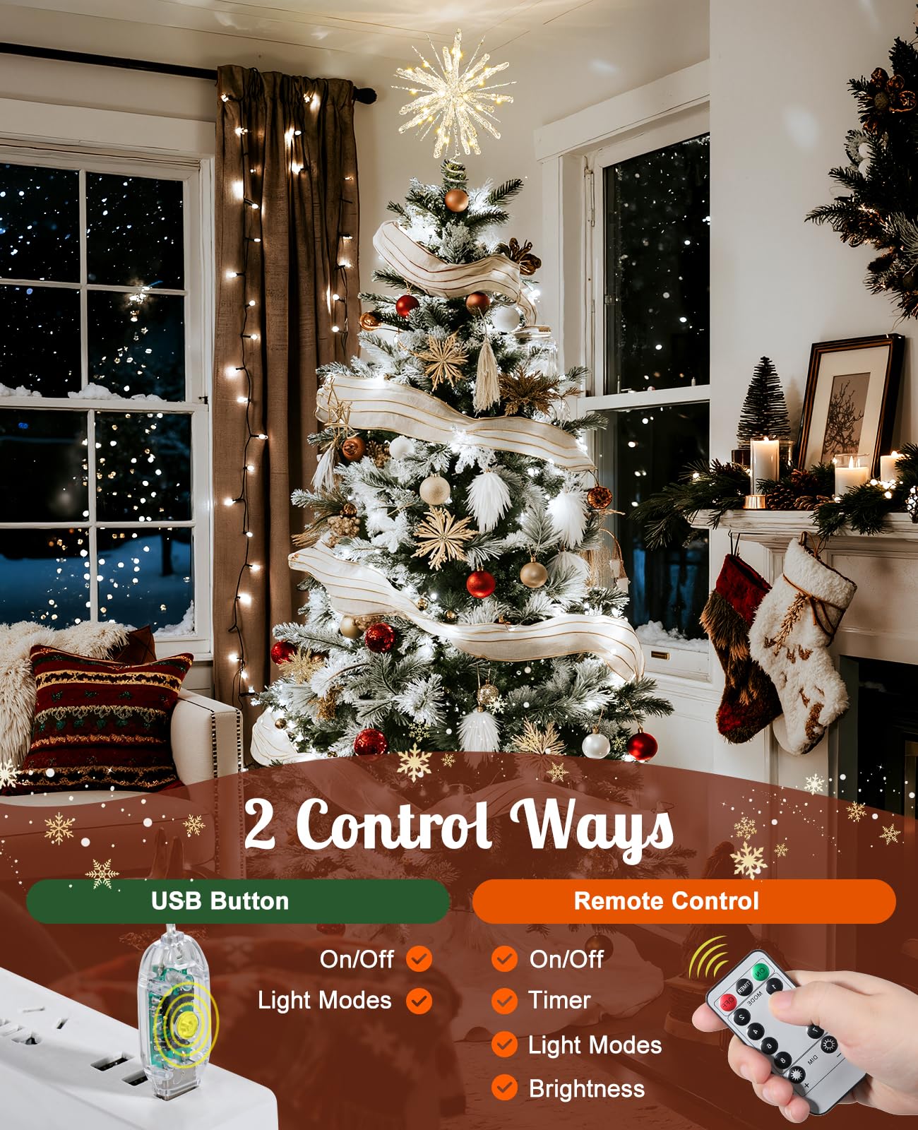 Luxspire Christmas Tree Topper, Crystal Lighted Christmas Tree Star with Remote & USB Starburst Tree Topper for Home Holiday Dec