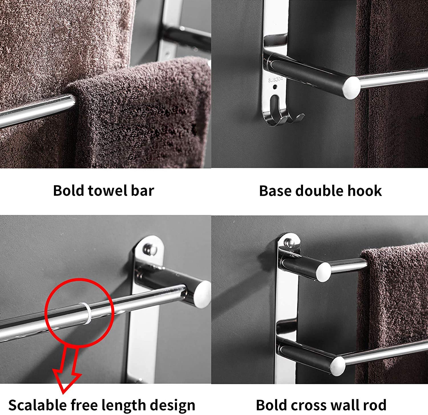 lanliebao Stainless Steel Towel Bars Hanger - Retractable 20-30 Inch, Strong 3M Adhesive, Space Saving for Bathroom and Kitchen