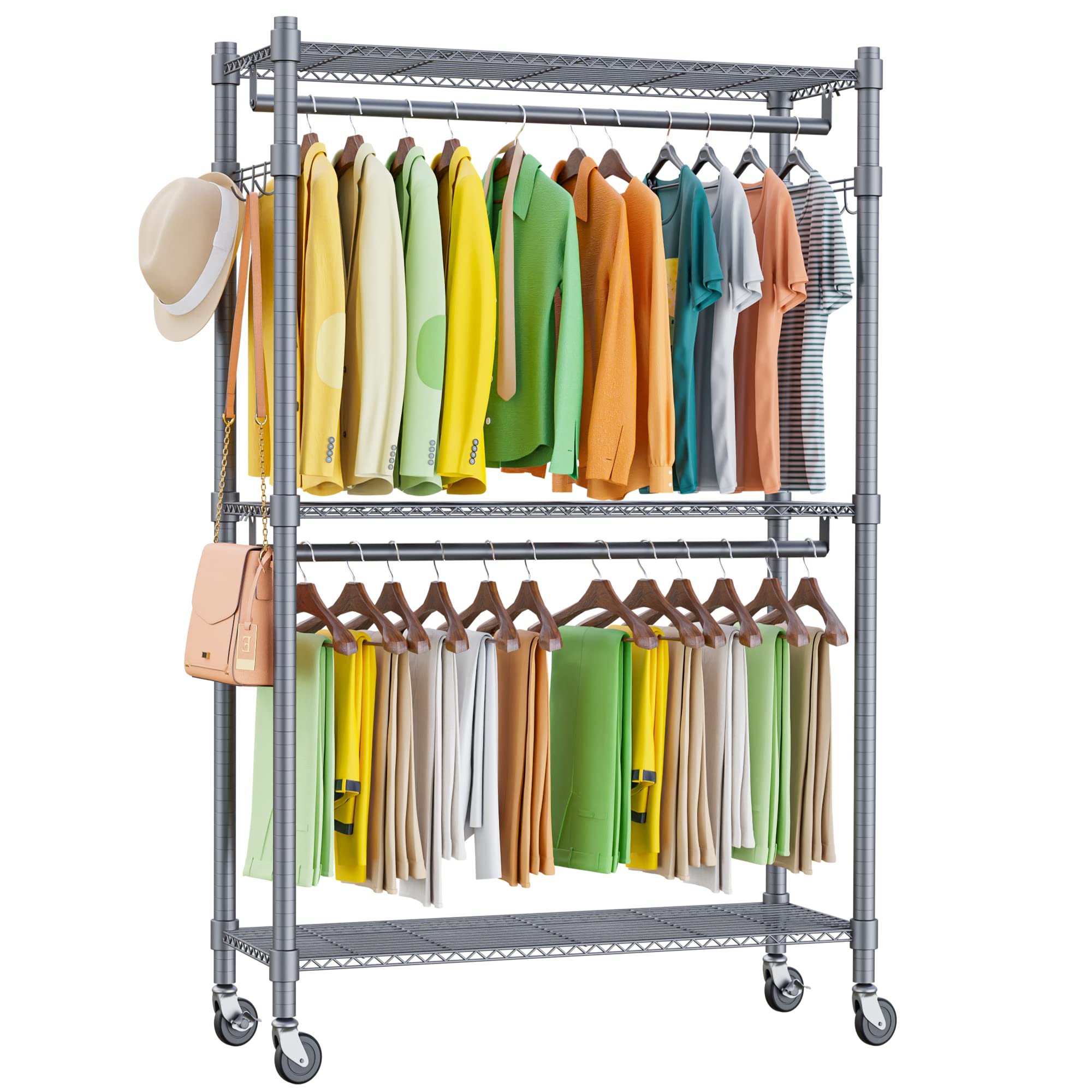 Homdox Garment Rolling Rack Clothing Rack With Double Clothes Rods And Lockable Wheels+1 Pair Side Hooks,Gray