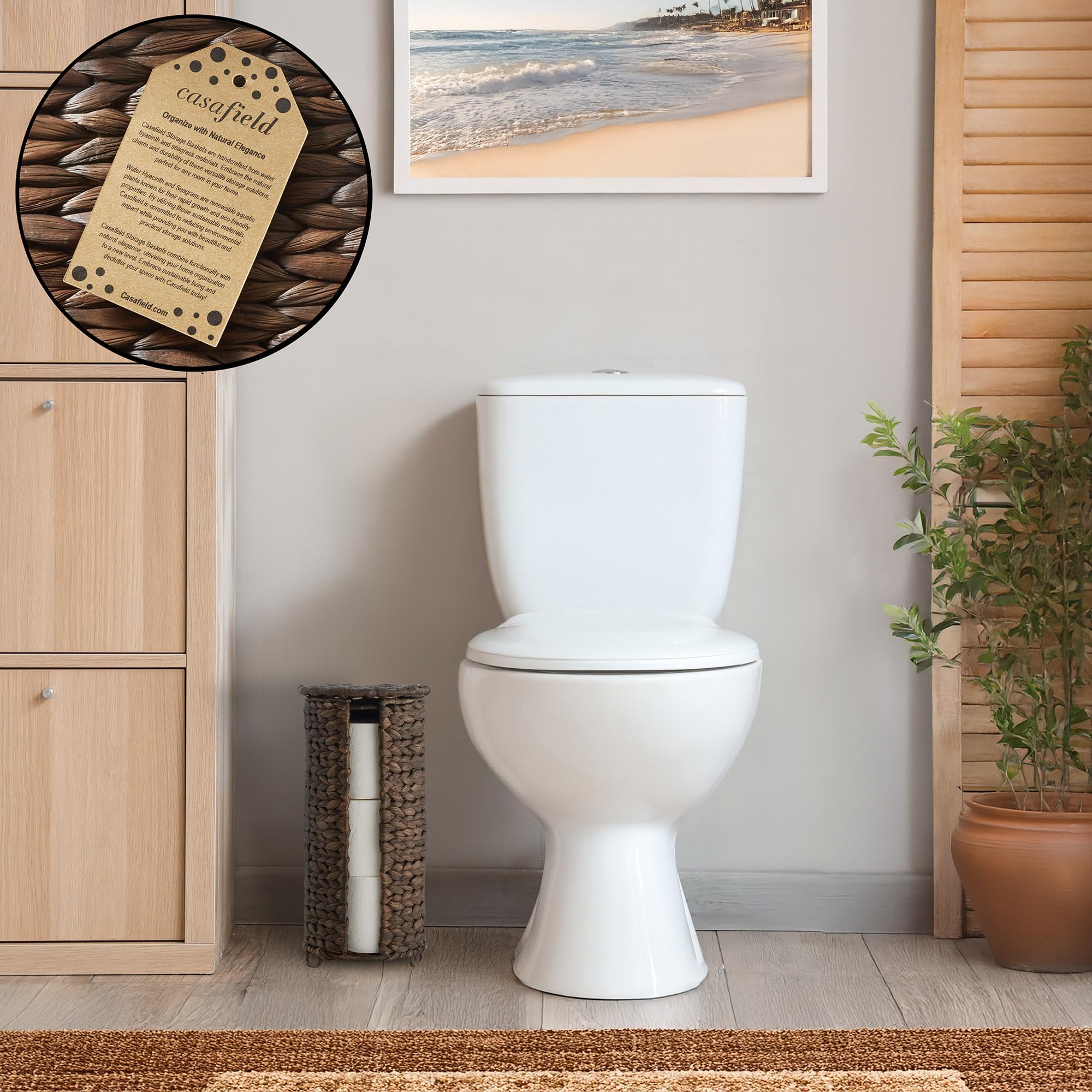 Casafield Free Standing Toilet Paper Storage Roll Holder with Lid - Espresso, Fits 3 Rolls, Water Hyacinth Bath Tissue Organizer